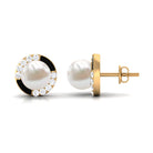 Real Freshwater Pearl Stud Earrings with Diamond Freshwater Pearl - ( AAA ) - Quality - Rosec Jewels