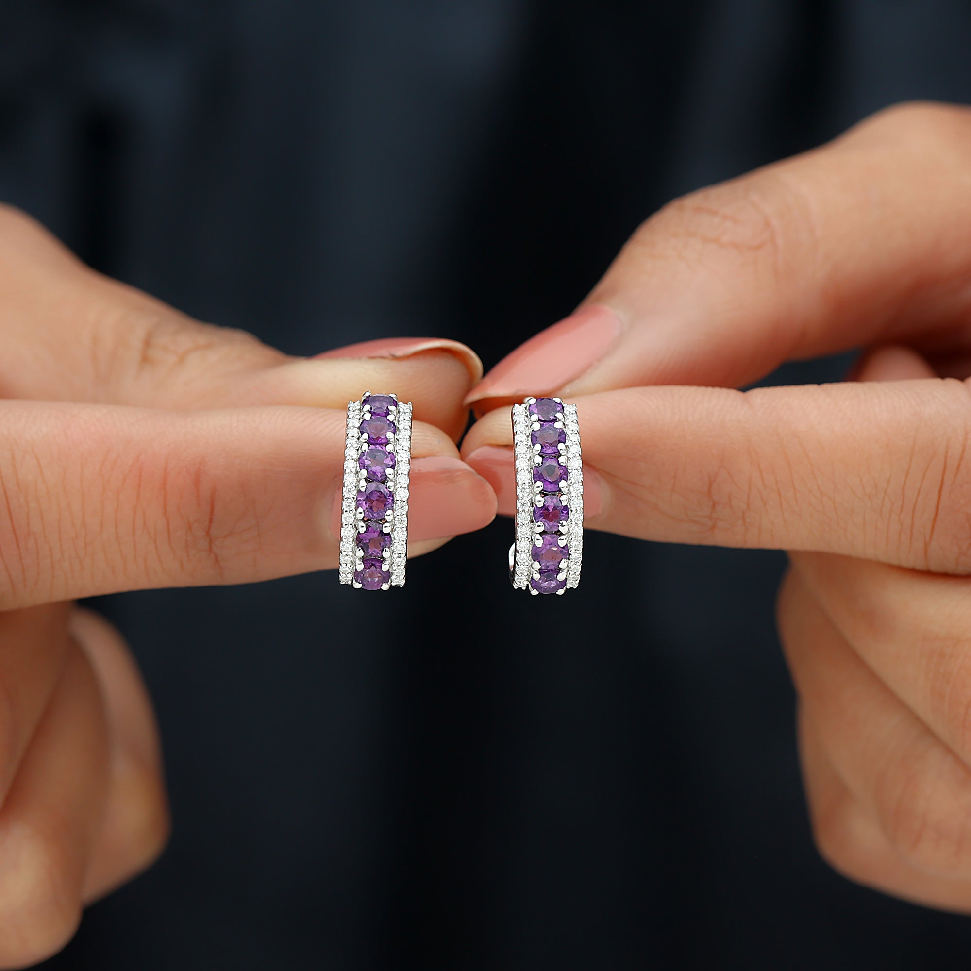 Natural Amethyst Moissanite Hoop Earrings Amethyst - ( AAA ) - Quality 92.5 Sterling Silver - Rosec Jewels