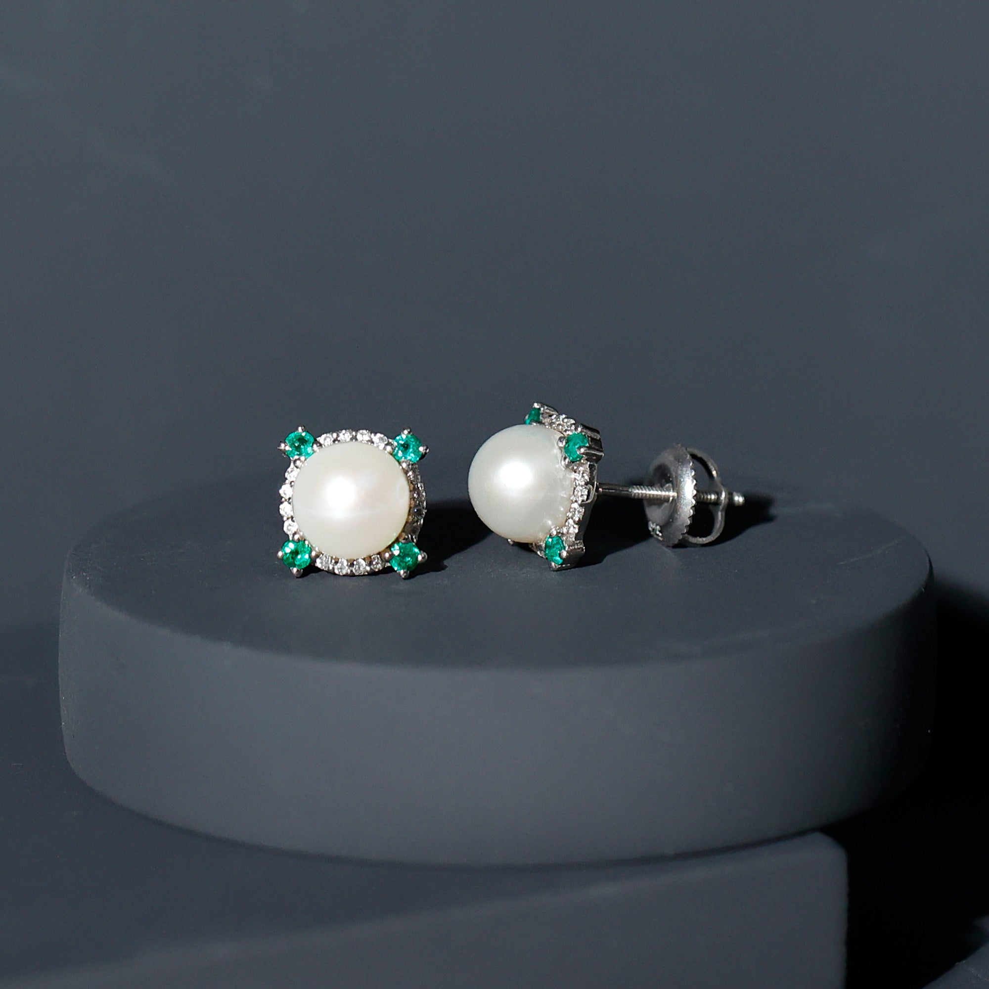 6.50 CT Freshwater Pearl Solitaire Studs with Emerald and Moissanite Halo Freshwater Pearl - ( AAA ) - Quality - Rosec Jewels