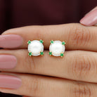 Freshwater Pearl Diamond Halo Stud Earrings with Created Emerald Freshwater Pearl - ( AAA ) - Quality - Rosec Jewels