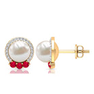 Freshwater Pearl and Ruby Stud Earrings with Diamond Halo Freshwater Pearl - ( AAA ) - Quality - Rosec Jewels