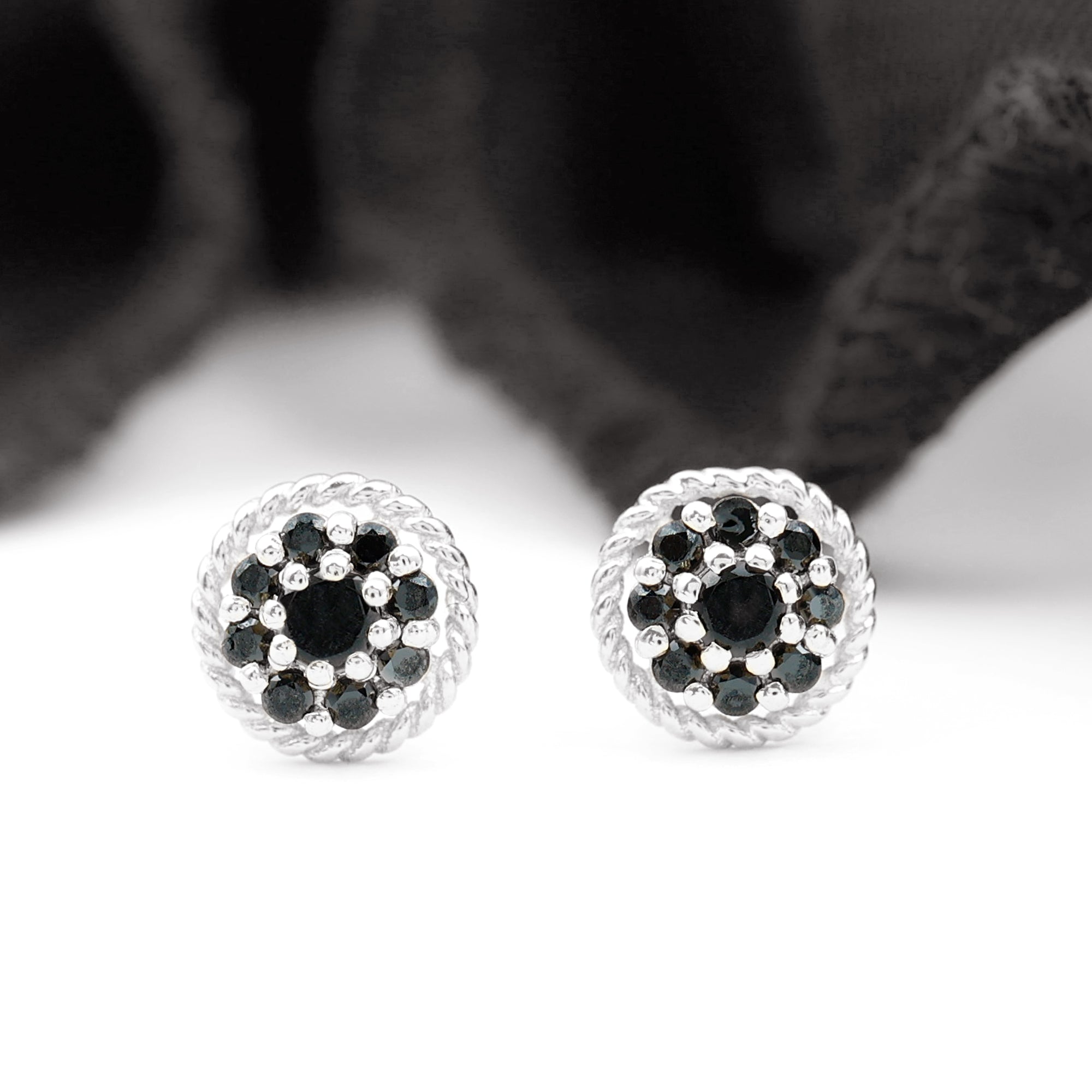 Twisted Rope Stud Earrings with Floral Black Spinel Black Spinel - ( AAA ) - Quality - Rosec Jewels