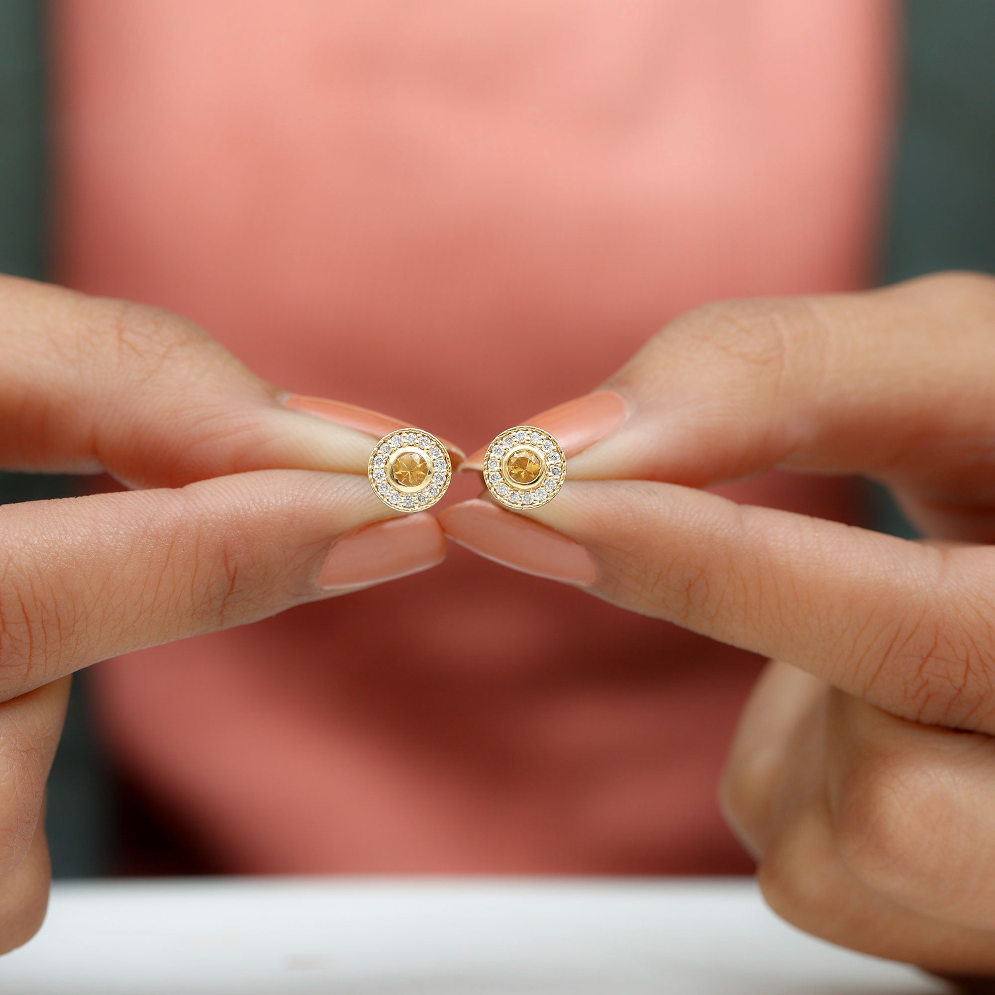 Round Citrine Halo Stud Earrings with Diamond in Twisted Rope Frame Citrine - ( AAA ) - Quality - Rosec Jewels