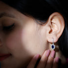 Oval Created Blue Sapphire J Hoop Earrings with Moissanite Halo Lab Created Blue Sapphire - ( AAAA ) - Quality - Rosec Jewels