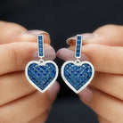 Created Blue Sapphire Heart Drop Earrings in Silver Lab Created Blue Sapphire - ( AAAA ) - Quality 92.5 Sterling Silver - Rosec Jewels