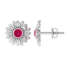 Bezel Set Real Ruby Flower Stud Earrings Ruby - ( AAA ) - Quality - Rosec Jewels