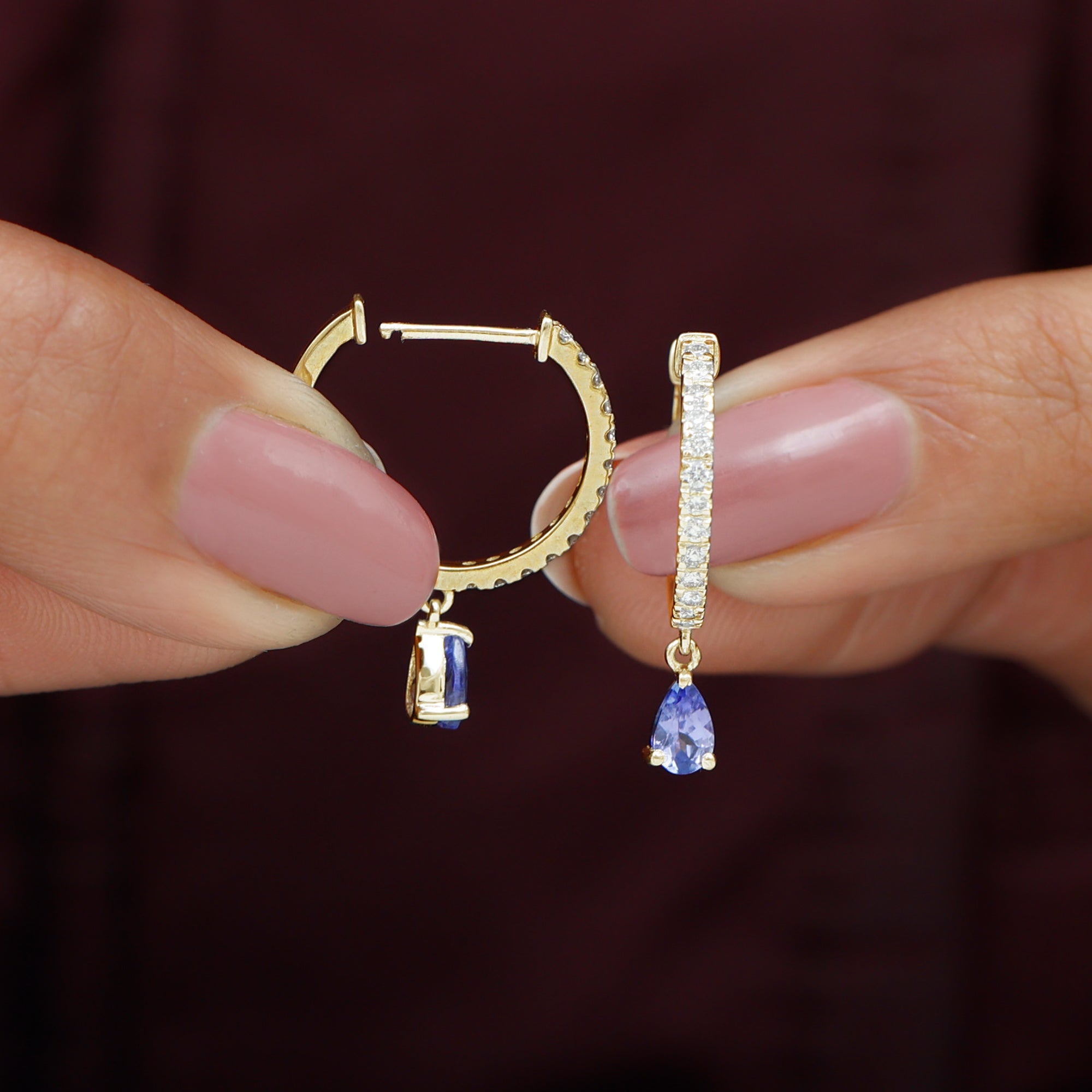 1 CT Blue Tanzanite Teardrop Hoop Earrings with Diamond Accent Tanzanite - ( AAA ) - Quality - Rosec Jewels