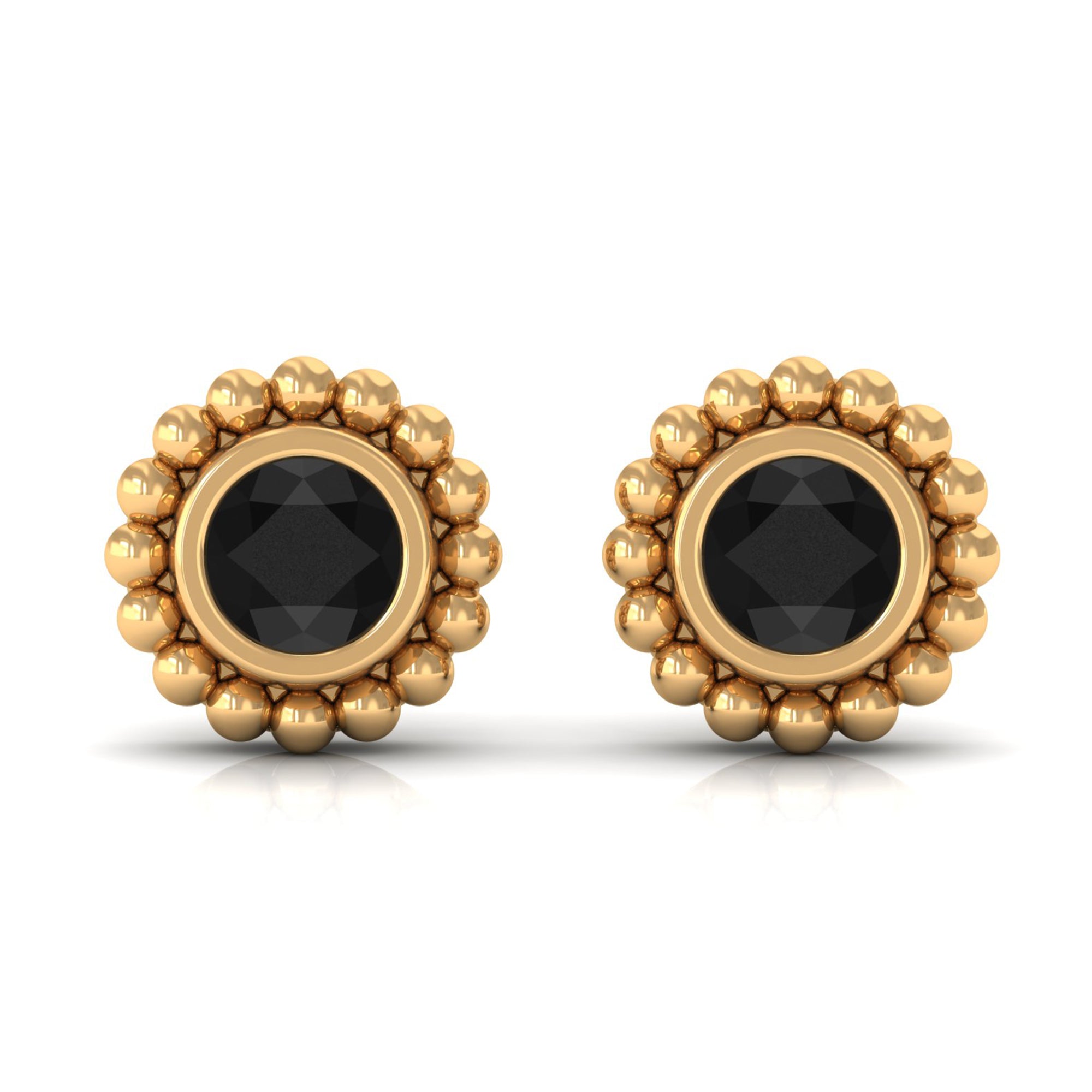 Bezel Set Black Spinel Stud Earrings with Beaded Gold Black Spinel - ( AAA ) - Quality - Rosec Jewels