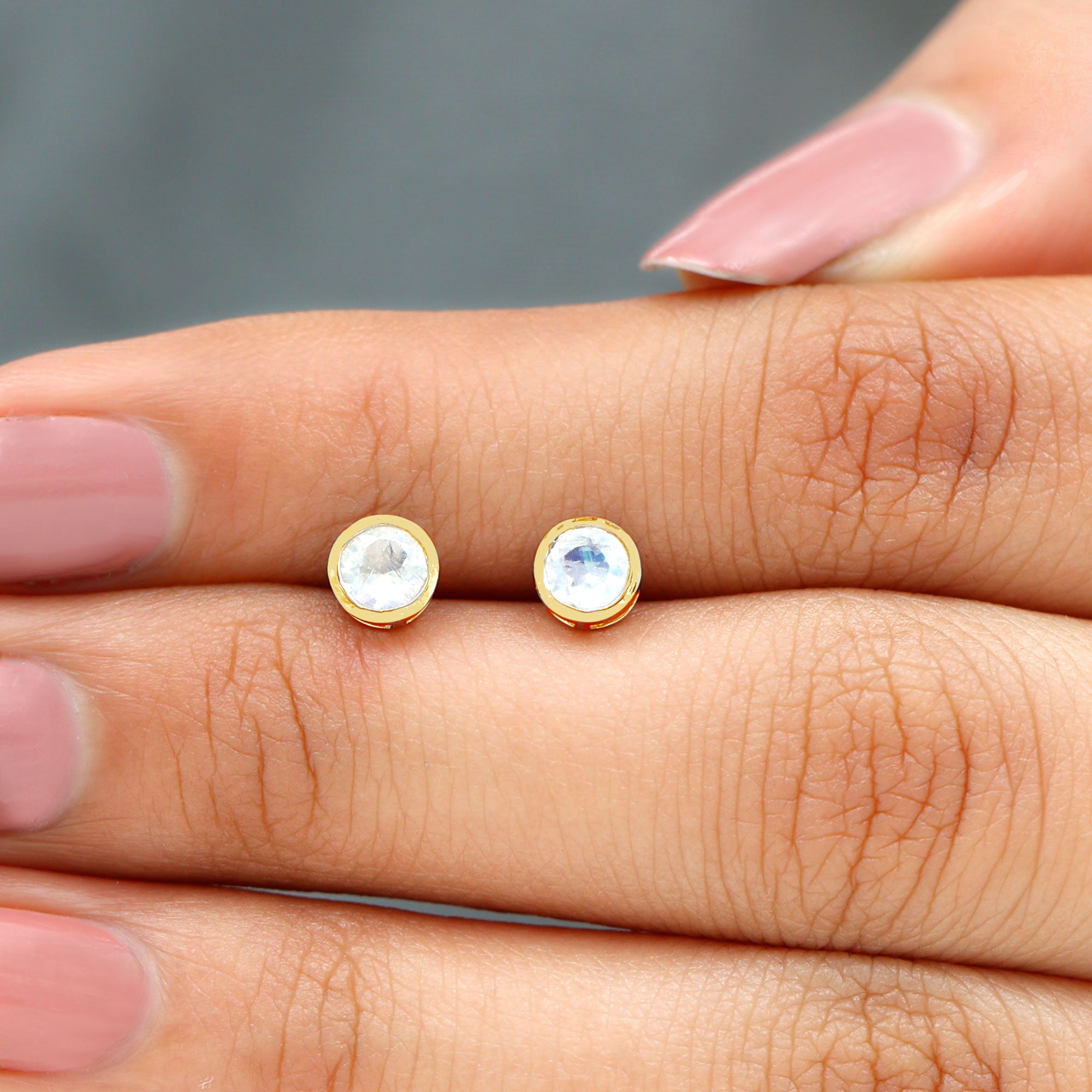 Real Moonstone Solitaire Stud Earrings in Bezel Setting Moonstone - ( AAA ) - Quality - Rosec Jewels