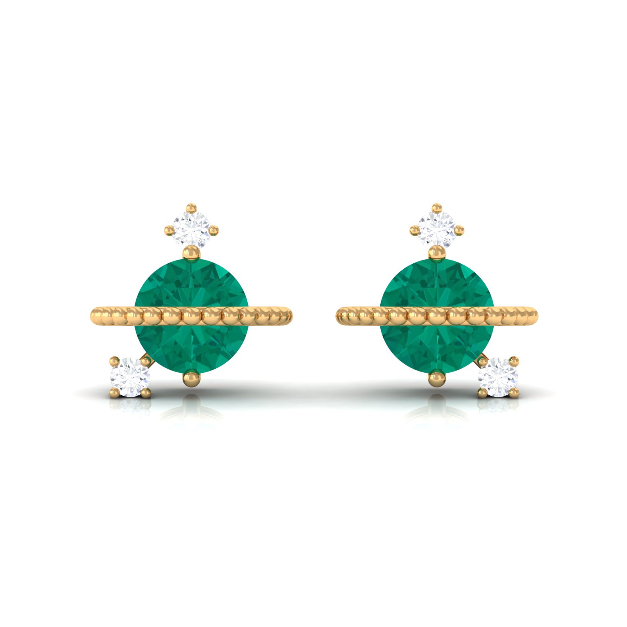 Solitaire Emerald and Diamond Contemporary Stud Earrings Emerald - ( AAA ) - Quality - Rosec Jewels