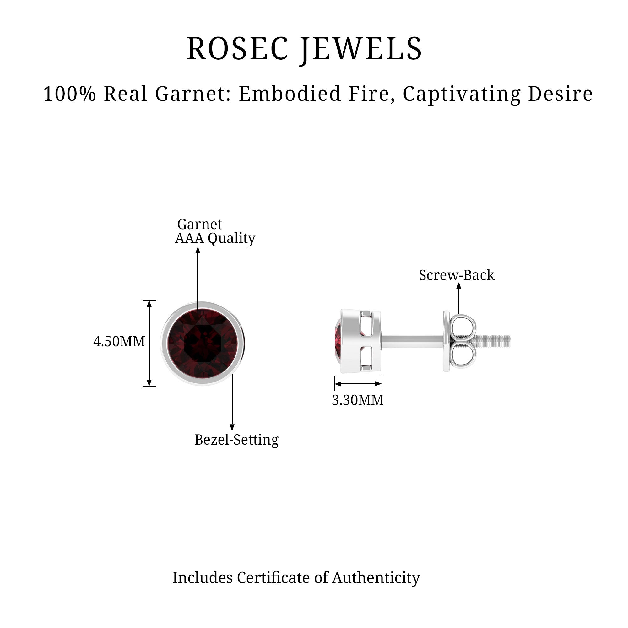 Red Garnet Solitaire Stud Earrings in Bezel Setting Garnet - ( AAA ) - Quality - Rosec Jewels