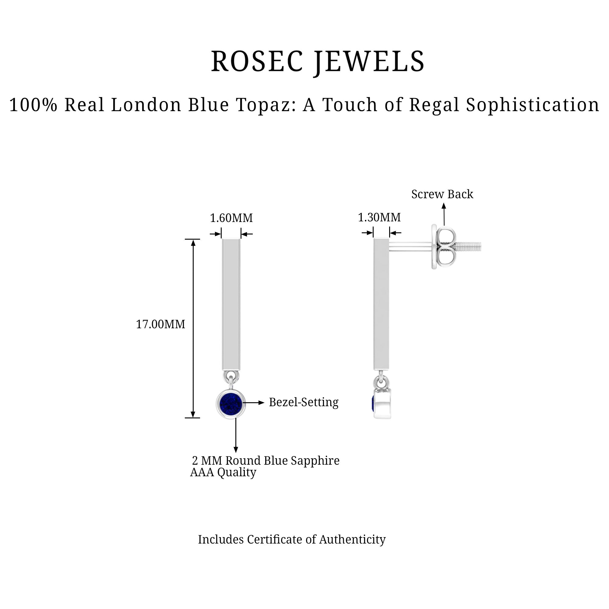 Round Shape Blue Sapphire and Gold Bar Drop Earrings for Women Blue Sapphire - ( AAA ) - Quality - Rosec Jewels