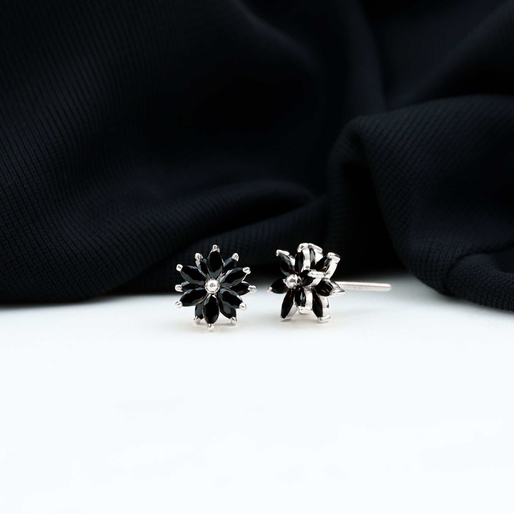 3 CT Marquise Shape Black Onyx Floral Statement Stud Earrings Black Onyx - ( AAA ) - Quality - Rosec Jewels