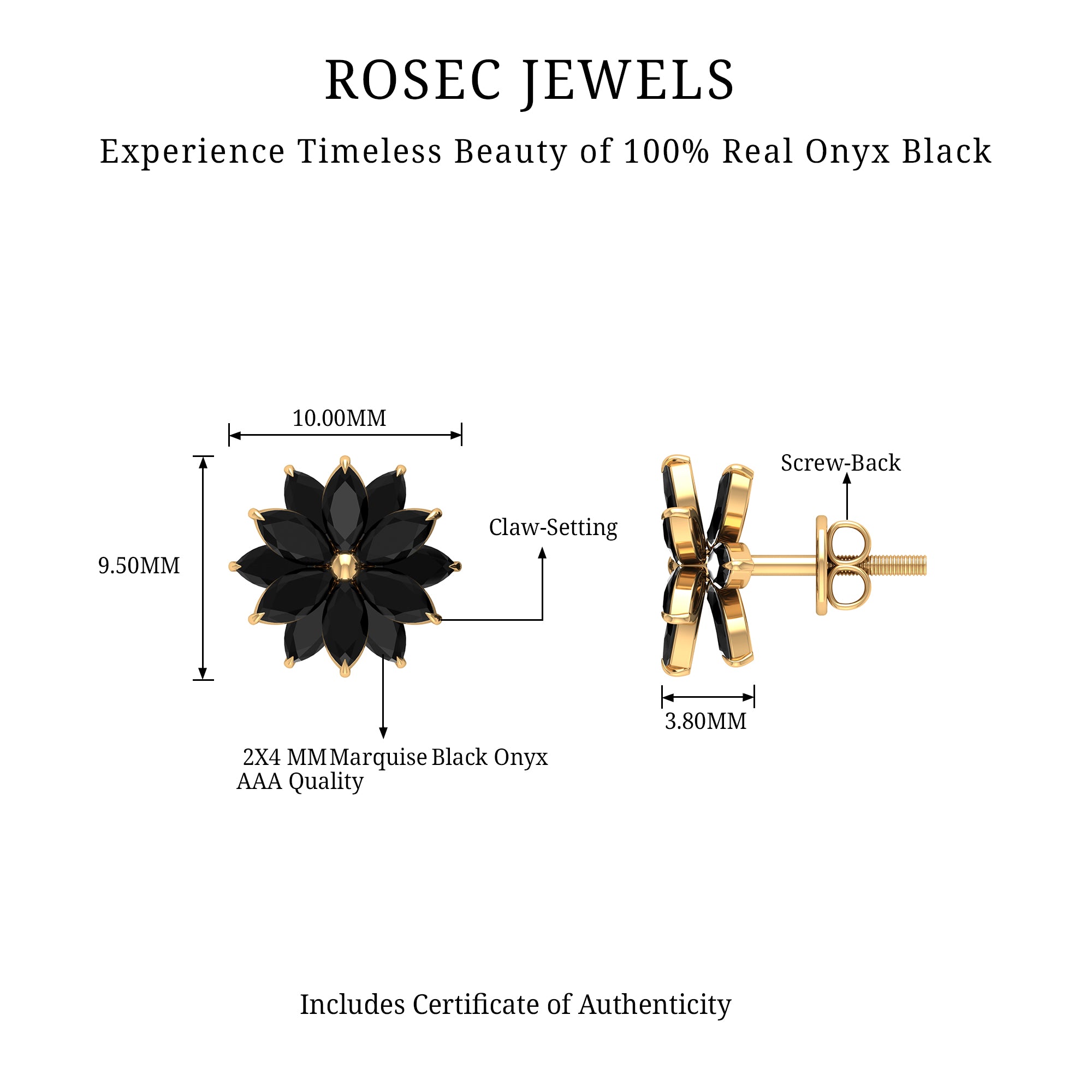 3 CT Marquise Shape Black Onyx Floral Statement Stud Earrings Black Onyx - ( AAA ) - Quality - Rosec Jewels