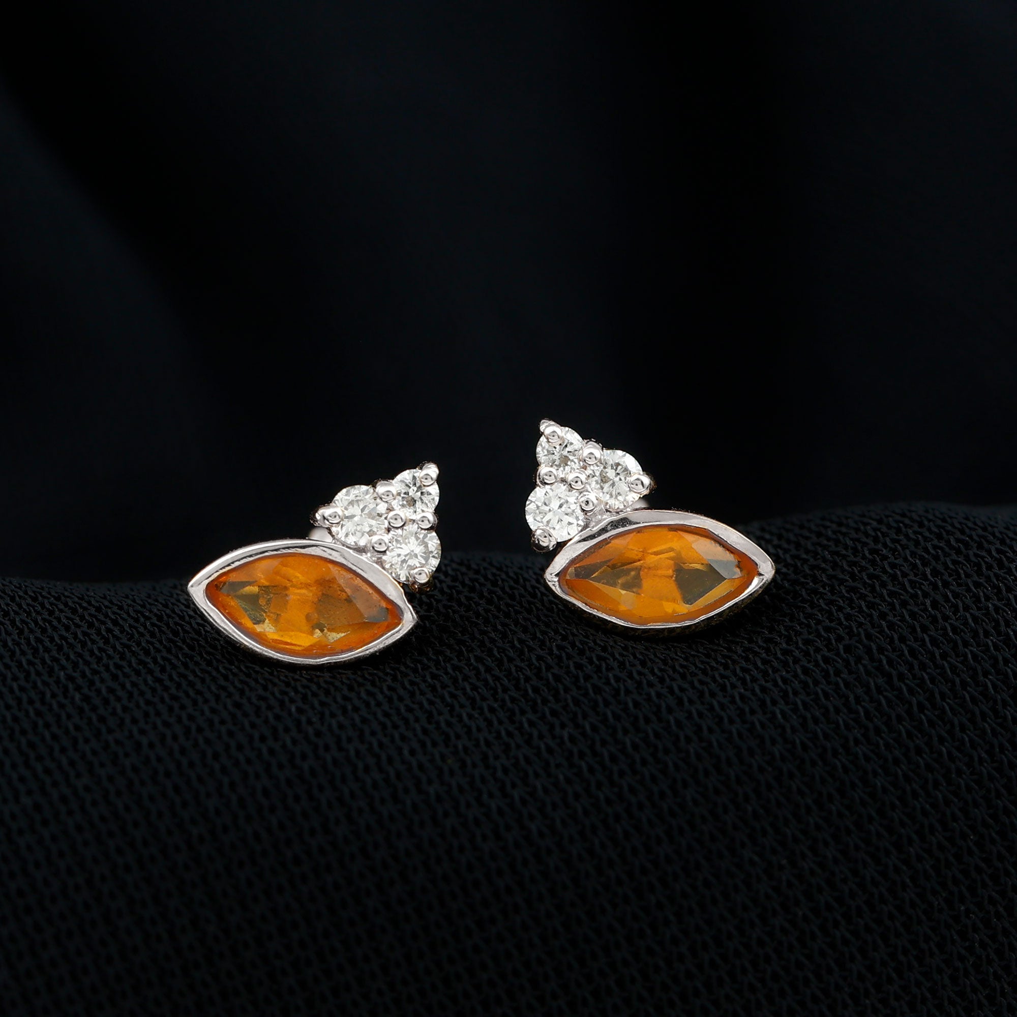 3/4 CT Marquise Cut Fire Opal Stud Earrings with Diamond Trio Fire Opal - ( AAA ) - Quality - Rosec Jewels