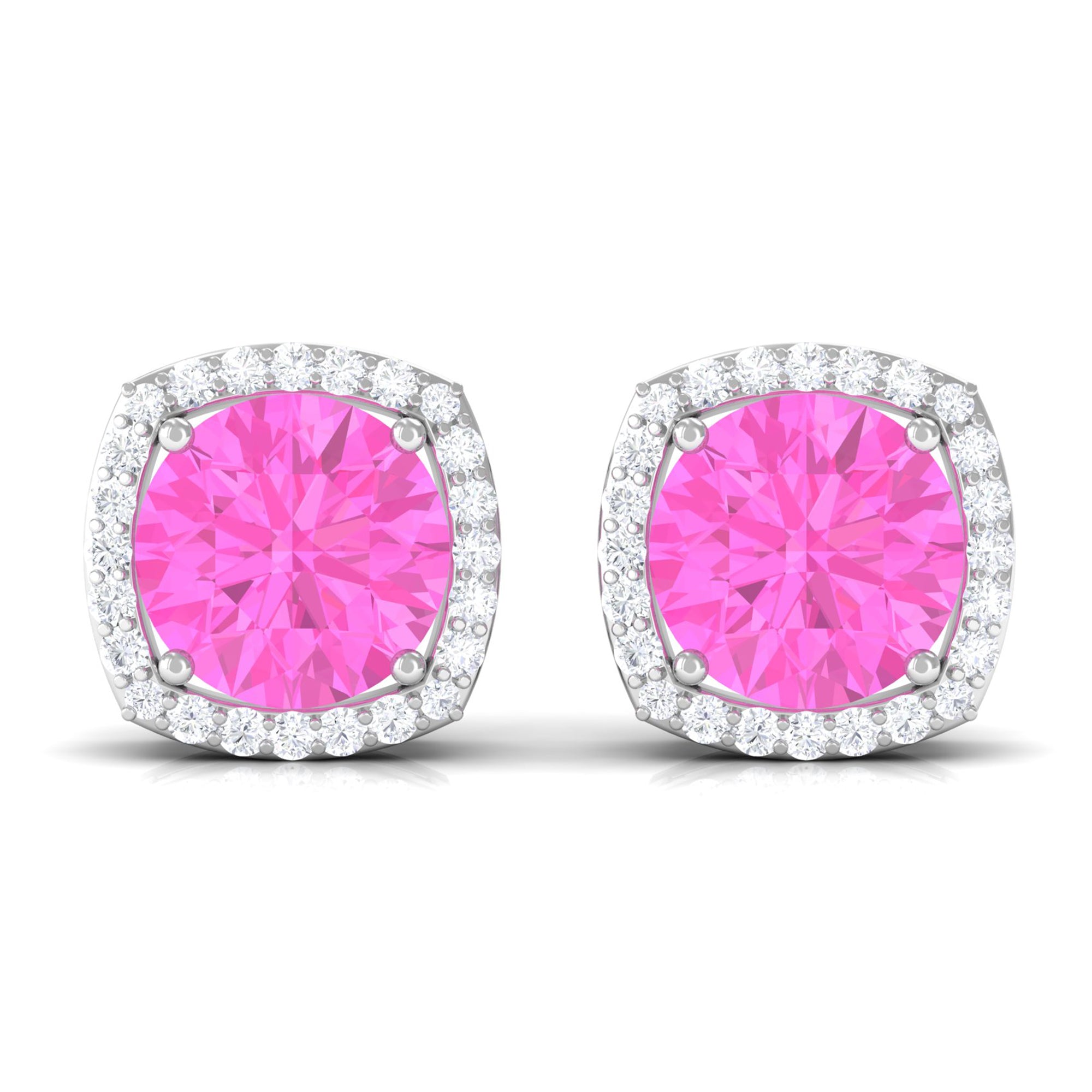 Round Pink Sapphire and Diamond Classic Halo Stud Earrings Pink Sapphire - ( AAA ) - Quality - Rosec Jewels