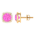 Round Pink Sapphire and Diamond Classic Halo Stud Earrings Pink Sapphire - ( AAA ) - Quality - Rosec Jewels