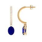 Oval Created Blue Sapphire Hoop Drop Earrings with Moissanite Lab Created Blue Sapphire - ( AAAA ) - Quality - Rosec Jewels