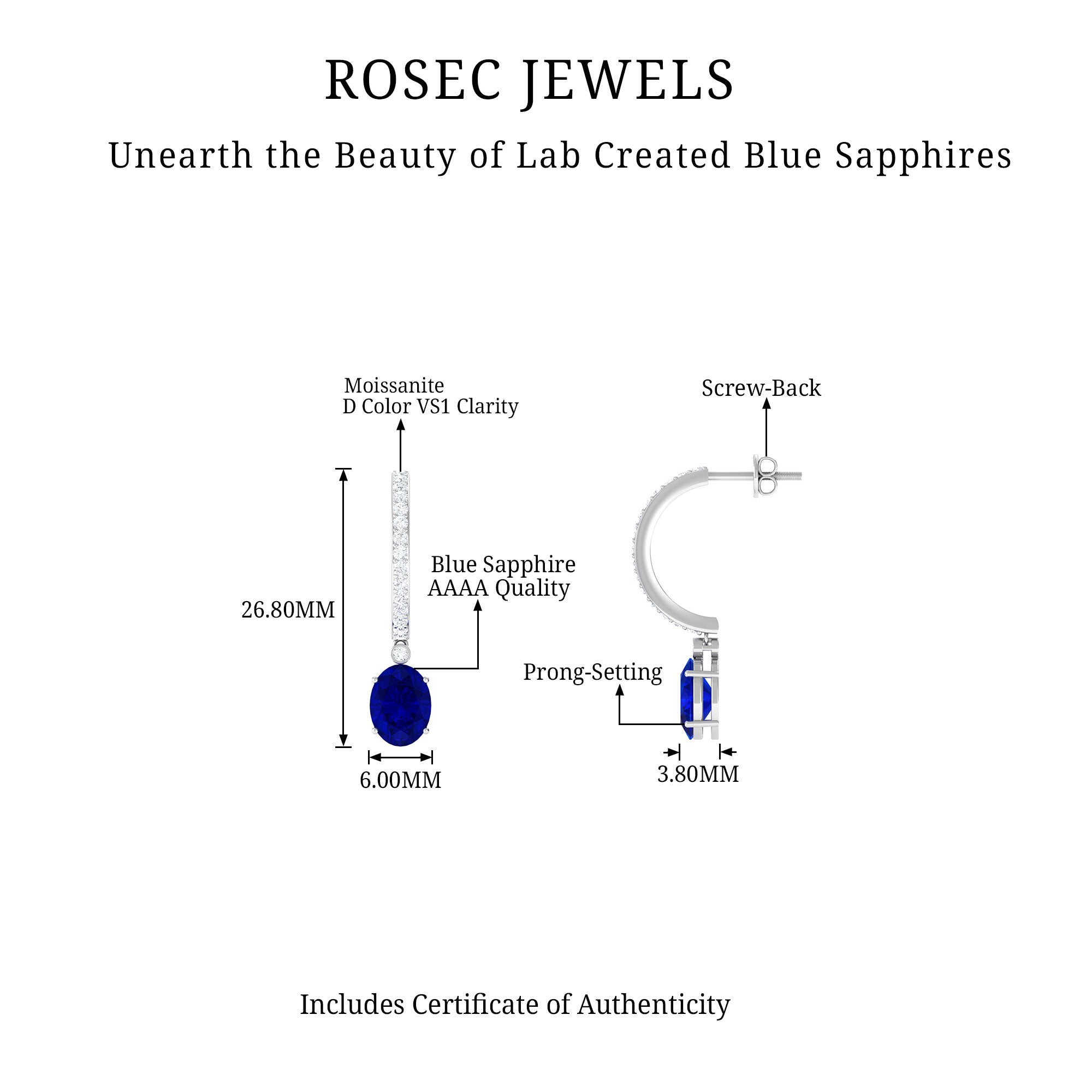 Oval Created Blue Sapphire Hoop Drop Earrings with Moissanite Lab Created Blue Sapphire - ( AAAA ) - Quality - Rosec Jewels