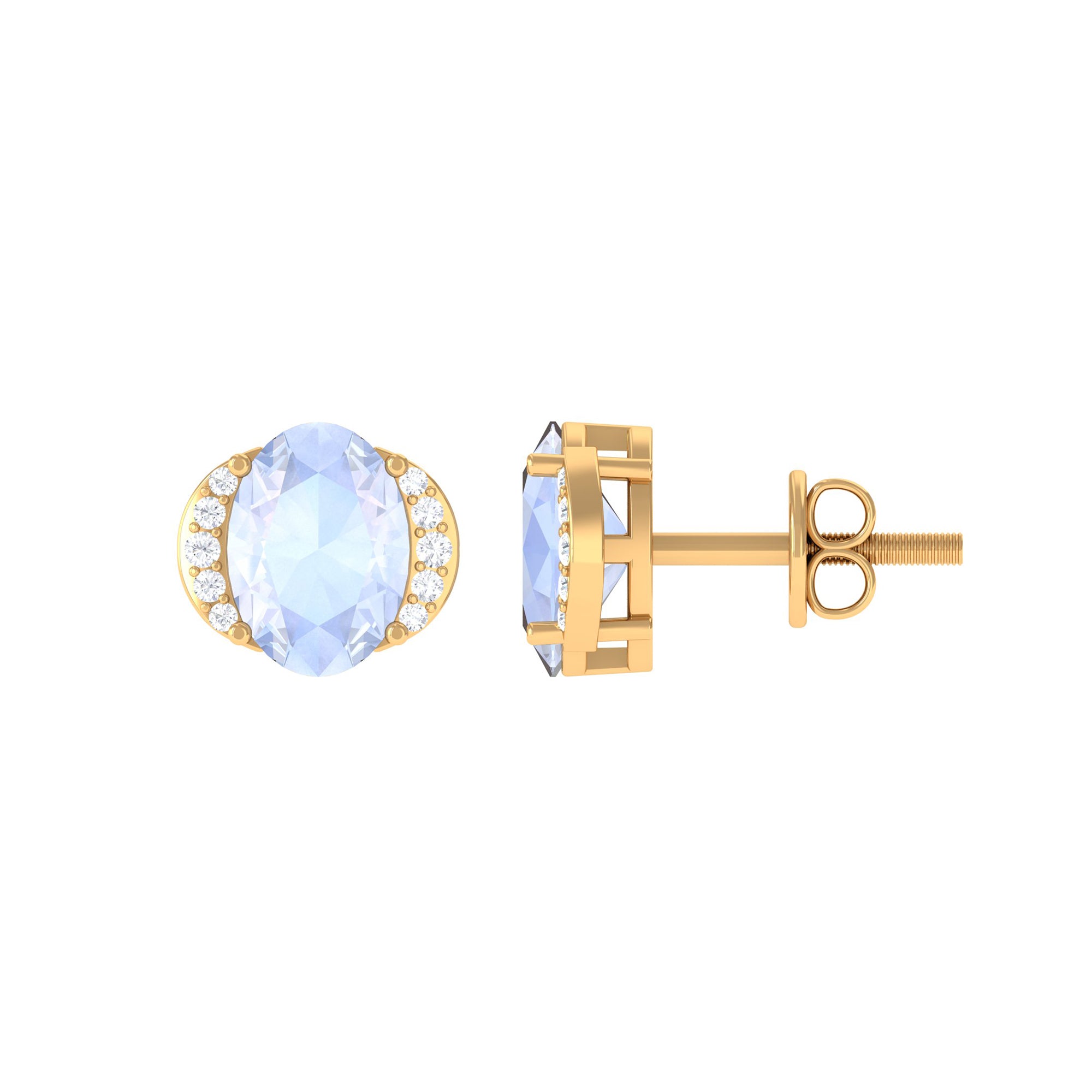 Oval Moonstone Minimal Solitaire Stud Earrings with Diamond Moonstone - ( AAA ) - Quality - Rosec Jewels