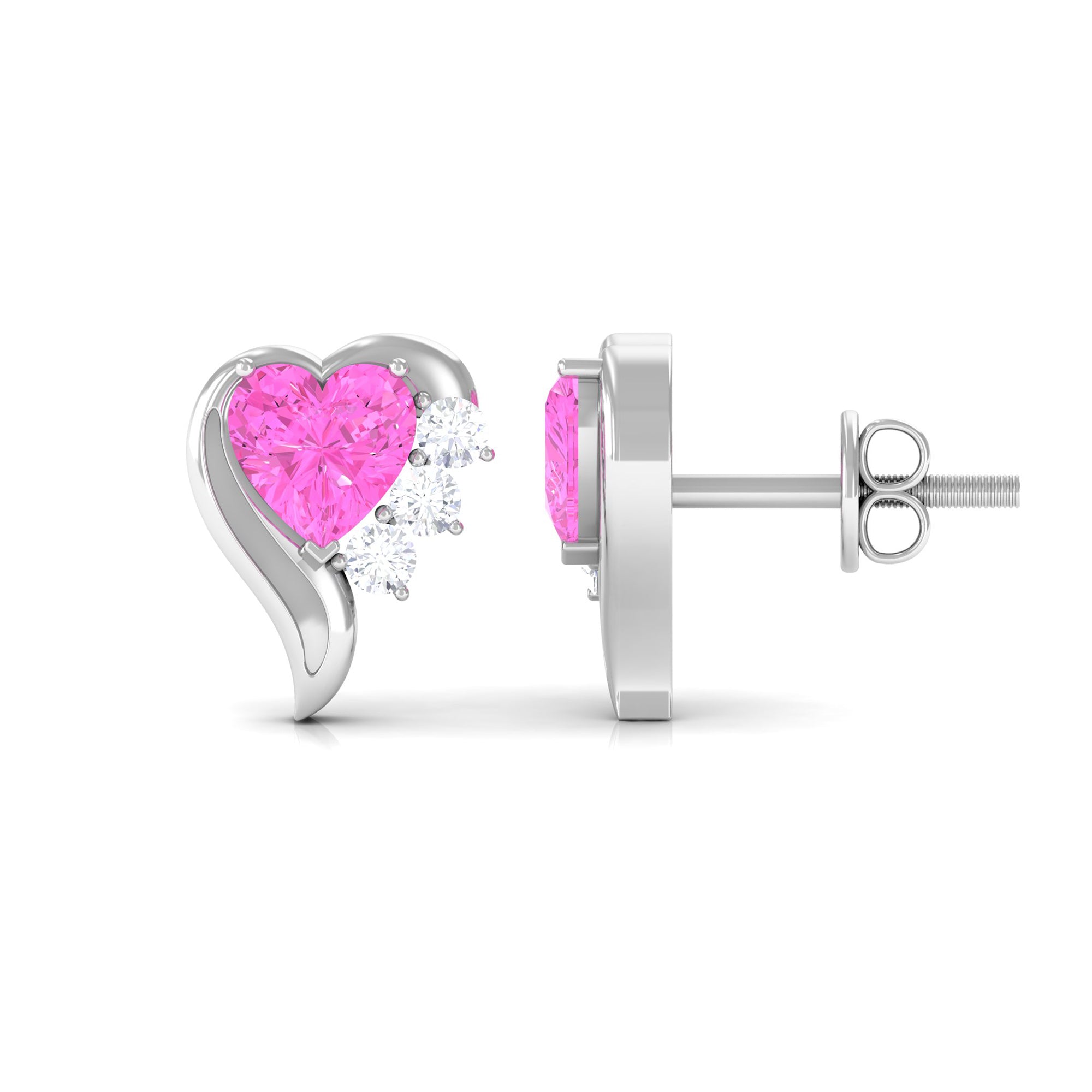 Heart Shape Pink Sapphire and Diamond Minimal Stud Earrings Pink Sapphire - ( AAA ) - Quality - Rosec Jewels