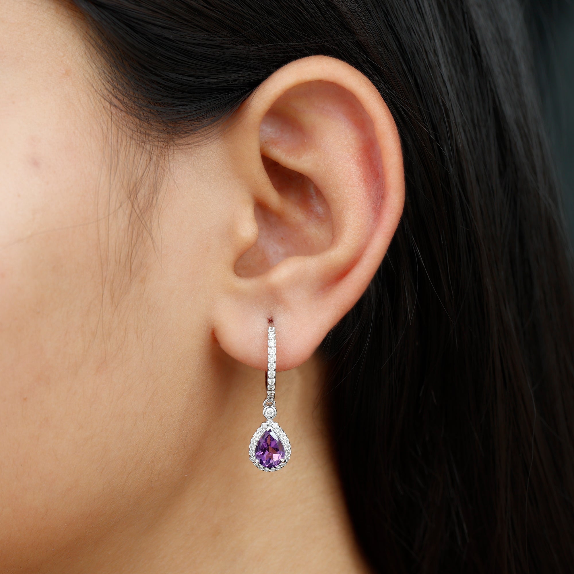 Pear Cut Amethyst Hoop Drop Earrings with Diamond Halo Amethyst - ( AAA ) - Quality - Rosec Jewels