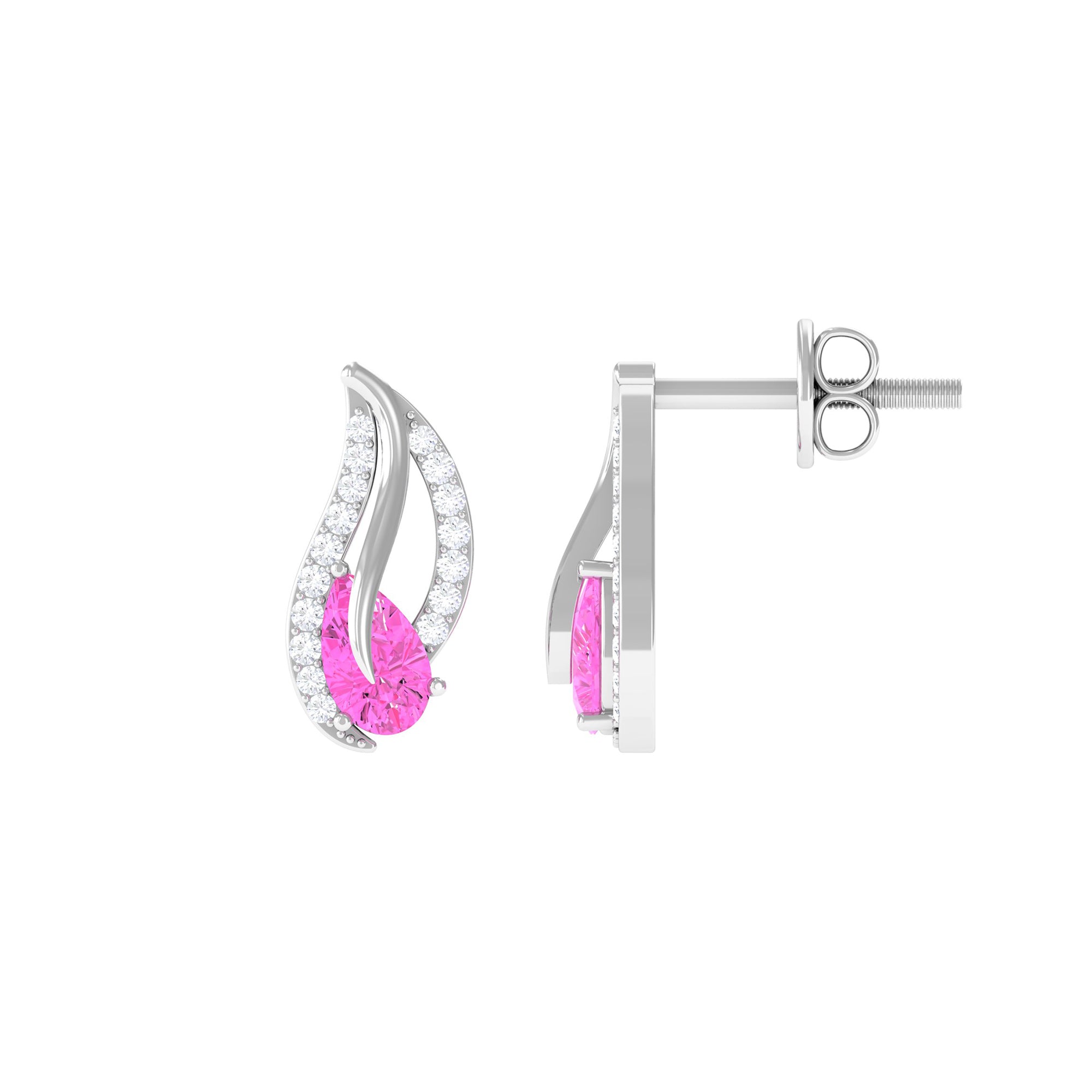 Pear Shape Pink Sapphire and Diamond Leaf Stud Earrings Pink Sapphire - ( AAA ) - Quality - Rosec Jewels