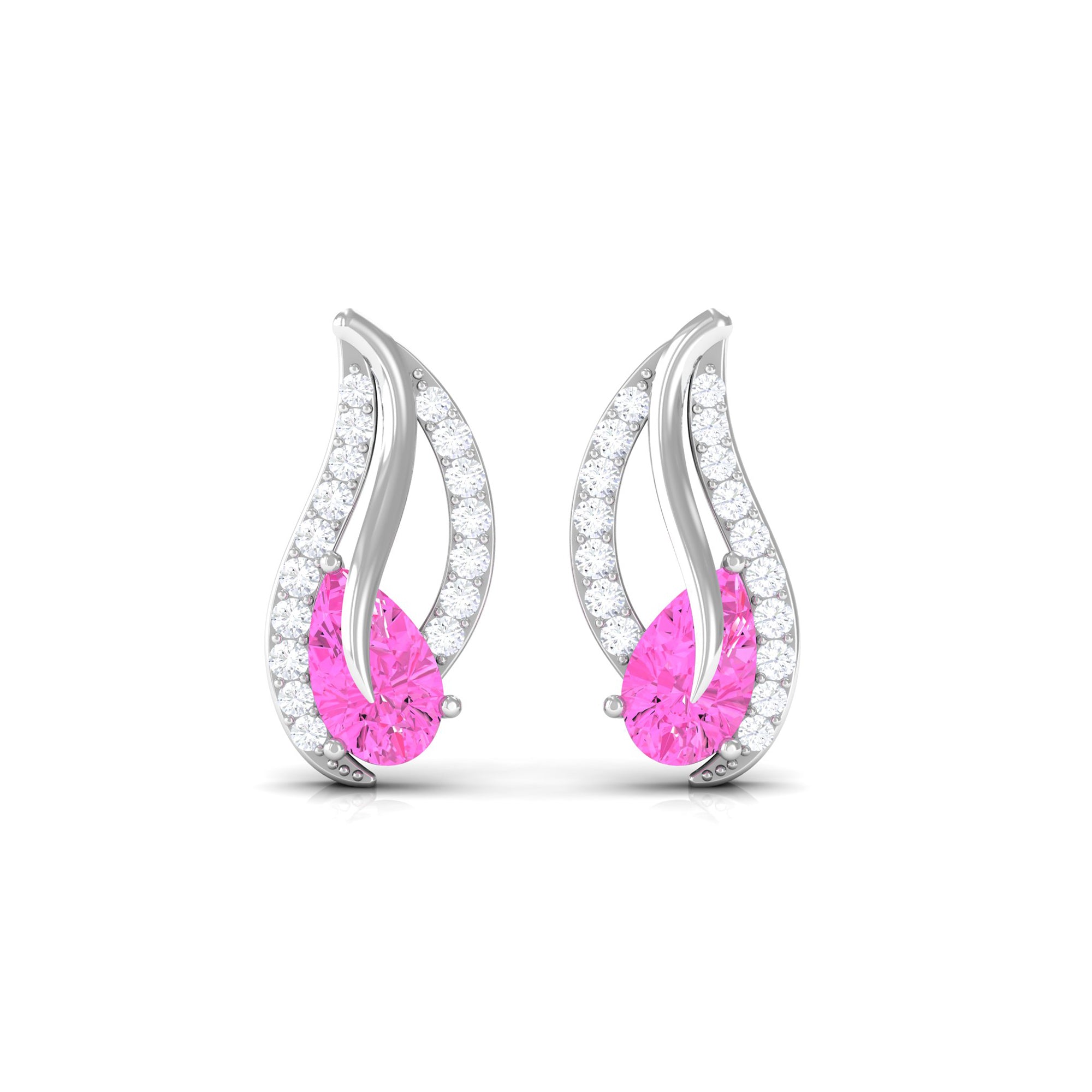 Pear Shape Pink Sapphire and Diamond Leaf Stud Earrings Pink Sapphire - ( AAA ) - Quality - Rosec Jewels