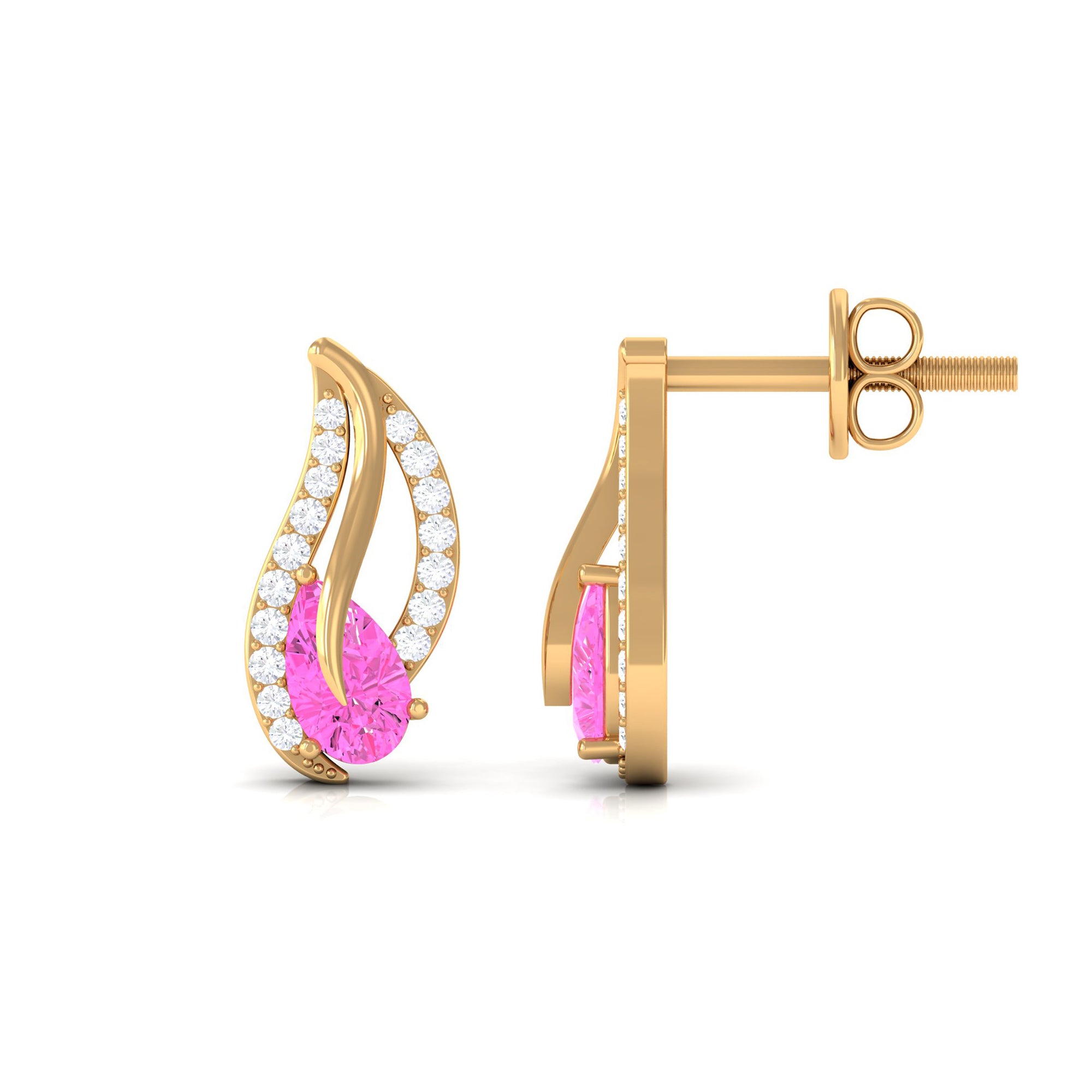 Pear Shape Pink Sapphire and Diamond Leaf Stud Earrings Pink Sapphire - ( AAA ) - Quality - Rosec Jewels