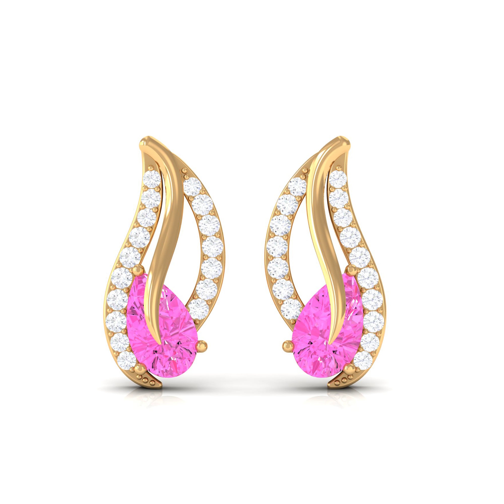 Pear Shape Pink Sapphire and Diamond Leaf Stud Earrings Pink Sapphire - ( AAA ) - Quality - Rosec Jewels