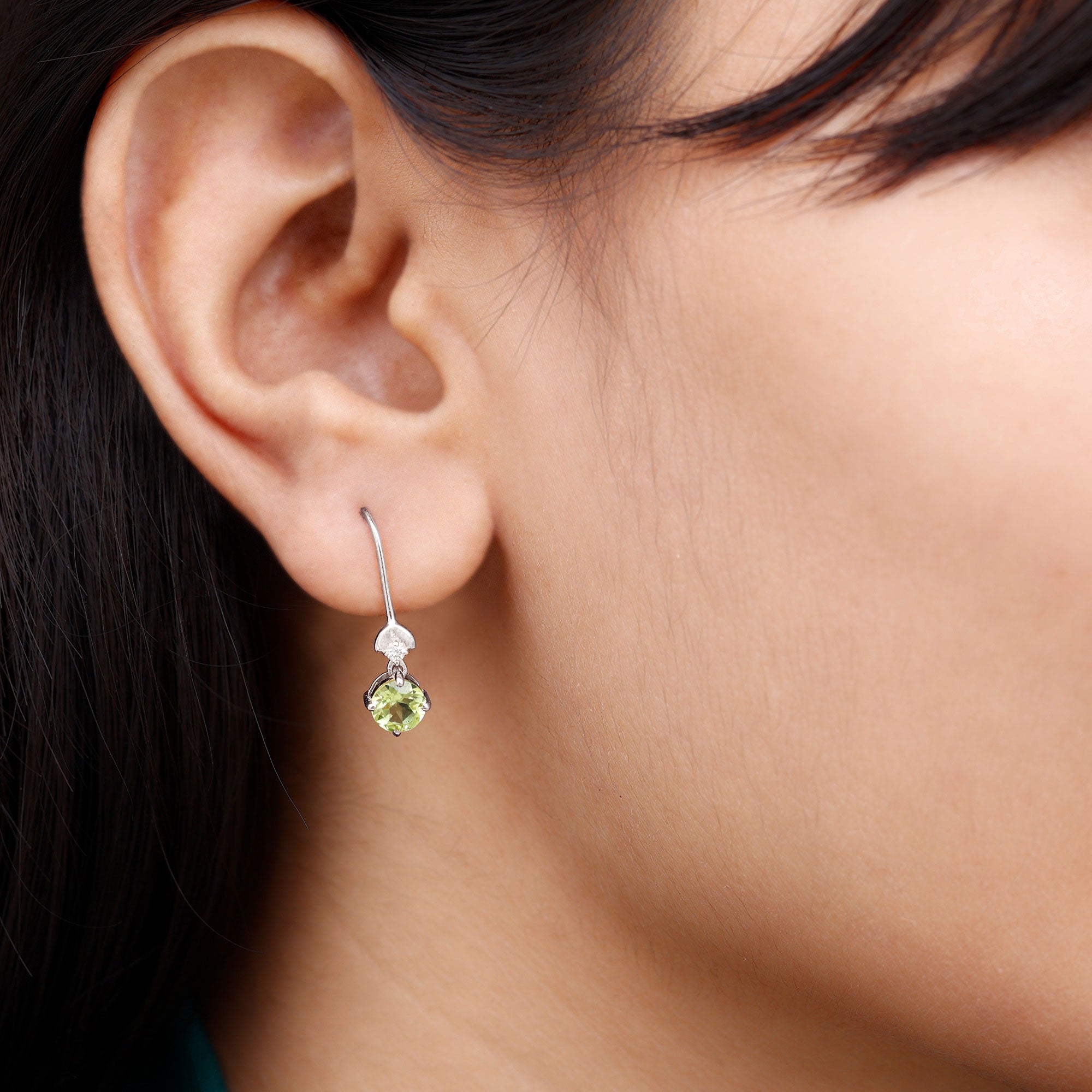 Round Peridot and Moissanite Drop Earrings with Fish Hook Peridot - ( AAA ) - Quality - Rosec Jewels