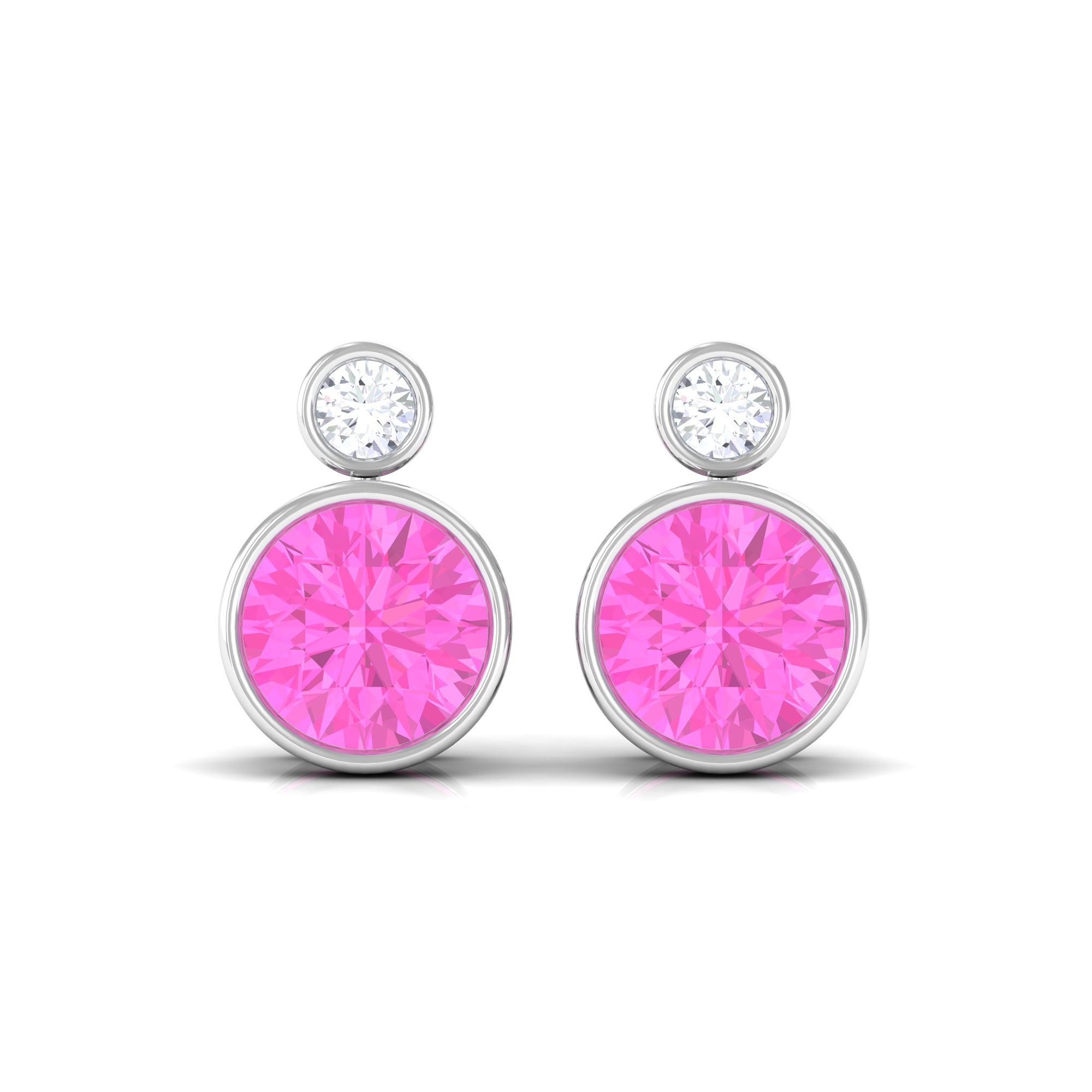 Bezel Set Round Pink Sapphire and Diamond Solitaire Stud Earrings Pink Sapphire - ( AAA ) - Quality - Rosec Jewels