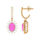 Oval Pink Sapphire and Diamond Sunburst J Hoop Drop Earrings Pink Sapphire - ( AAA ) - Quality - Rosec Jewels