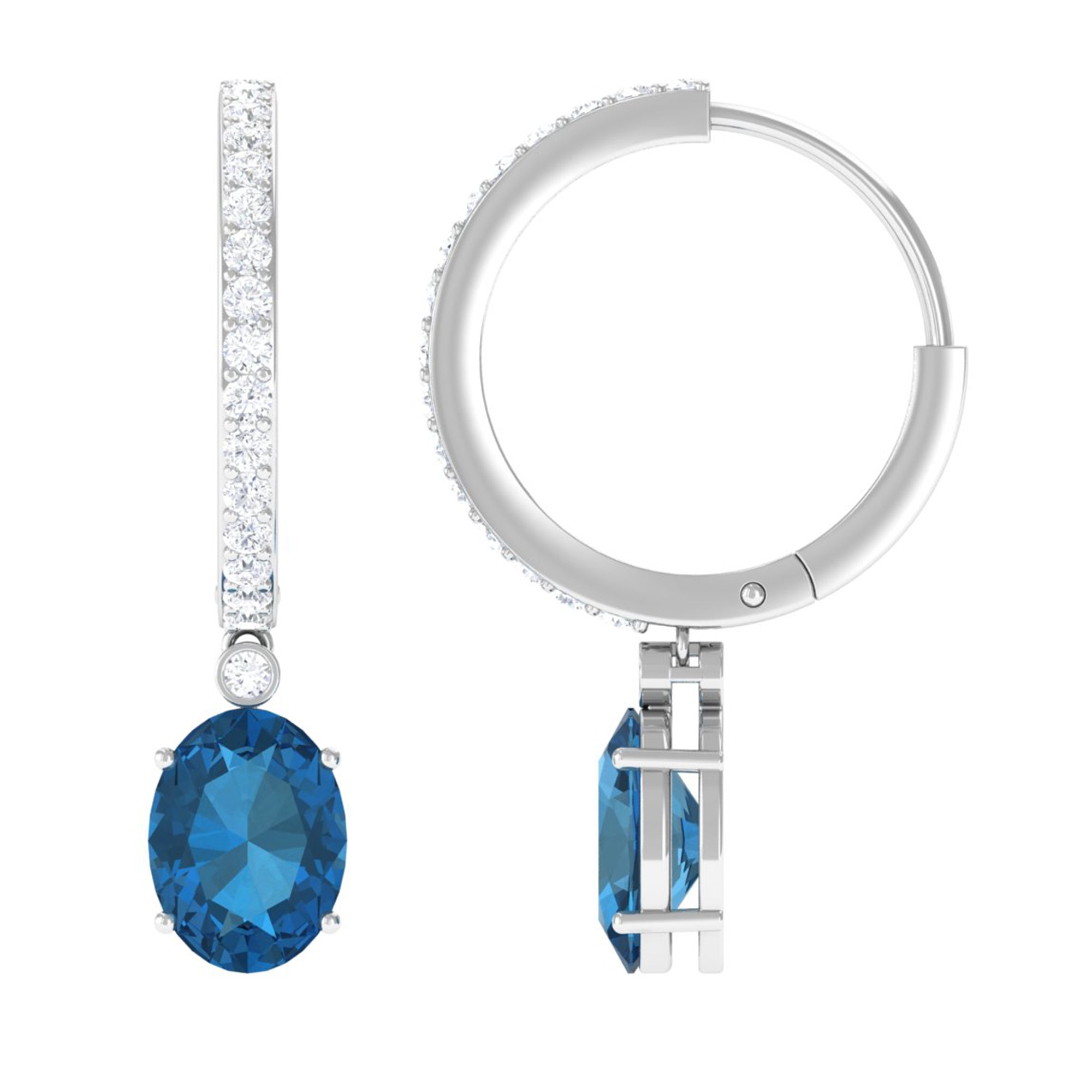 Oval London Blue Topaz and Diamond Hoop Drop Earrings London Blue Topaz - ( AAA ) - Quality - Rosec Jewels