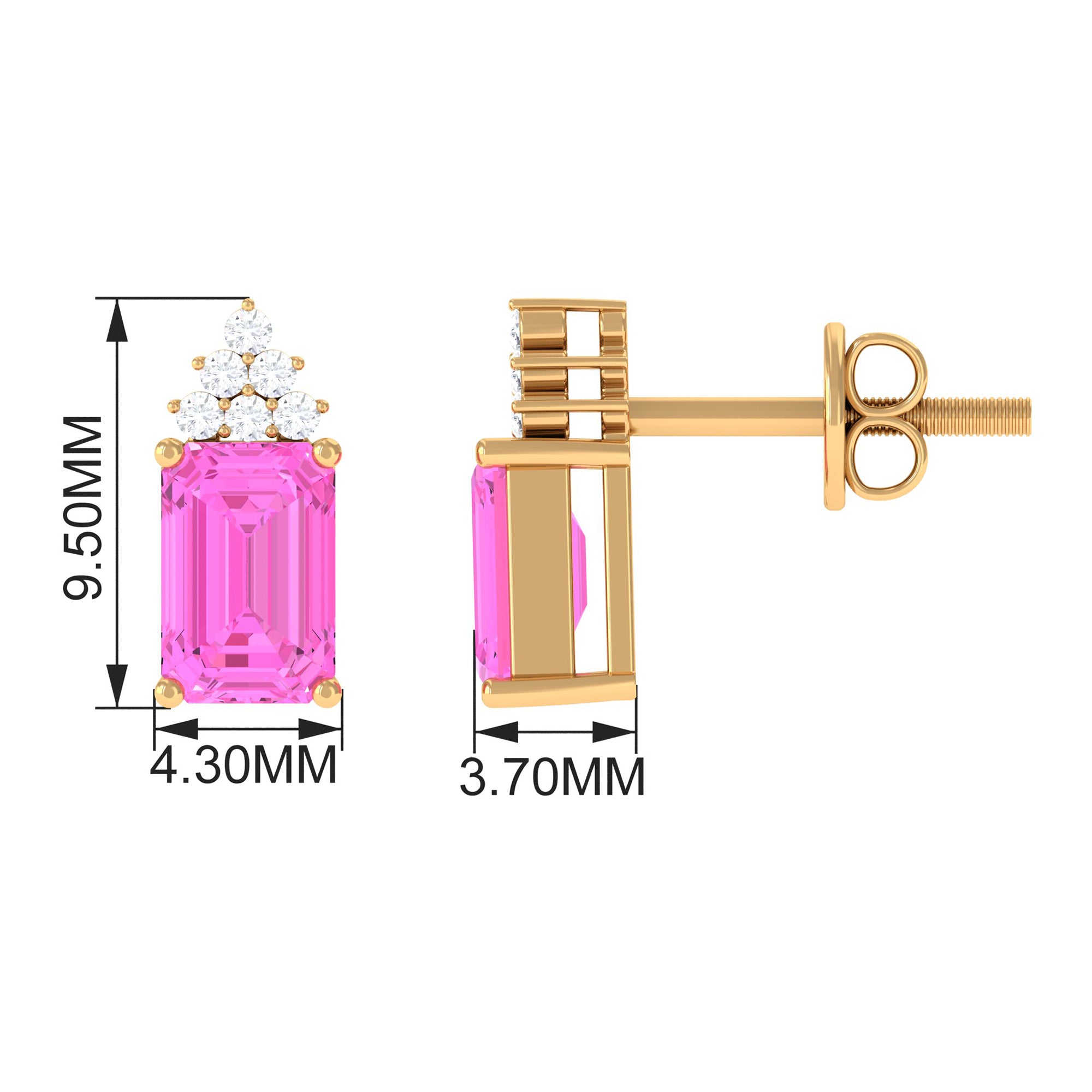 Emerald Cut Pink Sapphire Stud Earrings with Diamond Cluster Pink Sapphire - ( AAA ) - Quality - Rosec Jewels