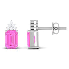 Emerald Cut Pink Sapphire Stud Earrings with Diamond Cluster Pink Sapphire - ( AAA ) - Quality - Rosec Jewels