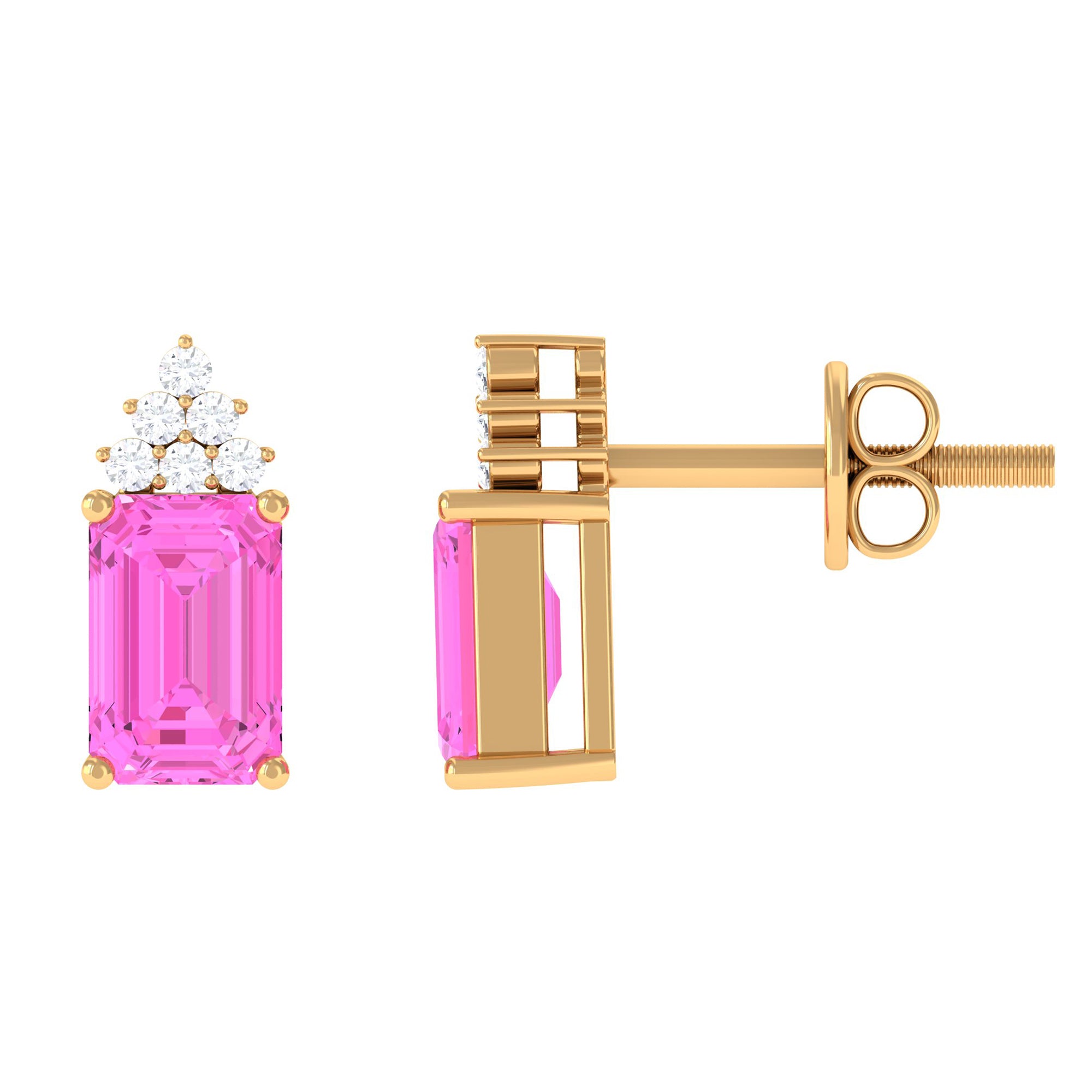 Emerald Cut Pink Sapphire Stud Earrings with Diamond Cluster Pink Sapphire - ( AAA ) - Quality - Rosec Jewels