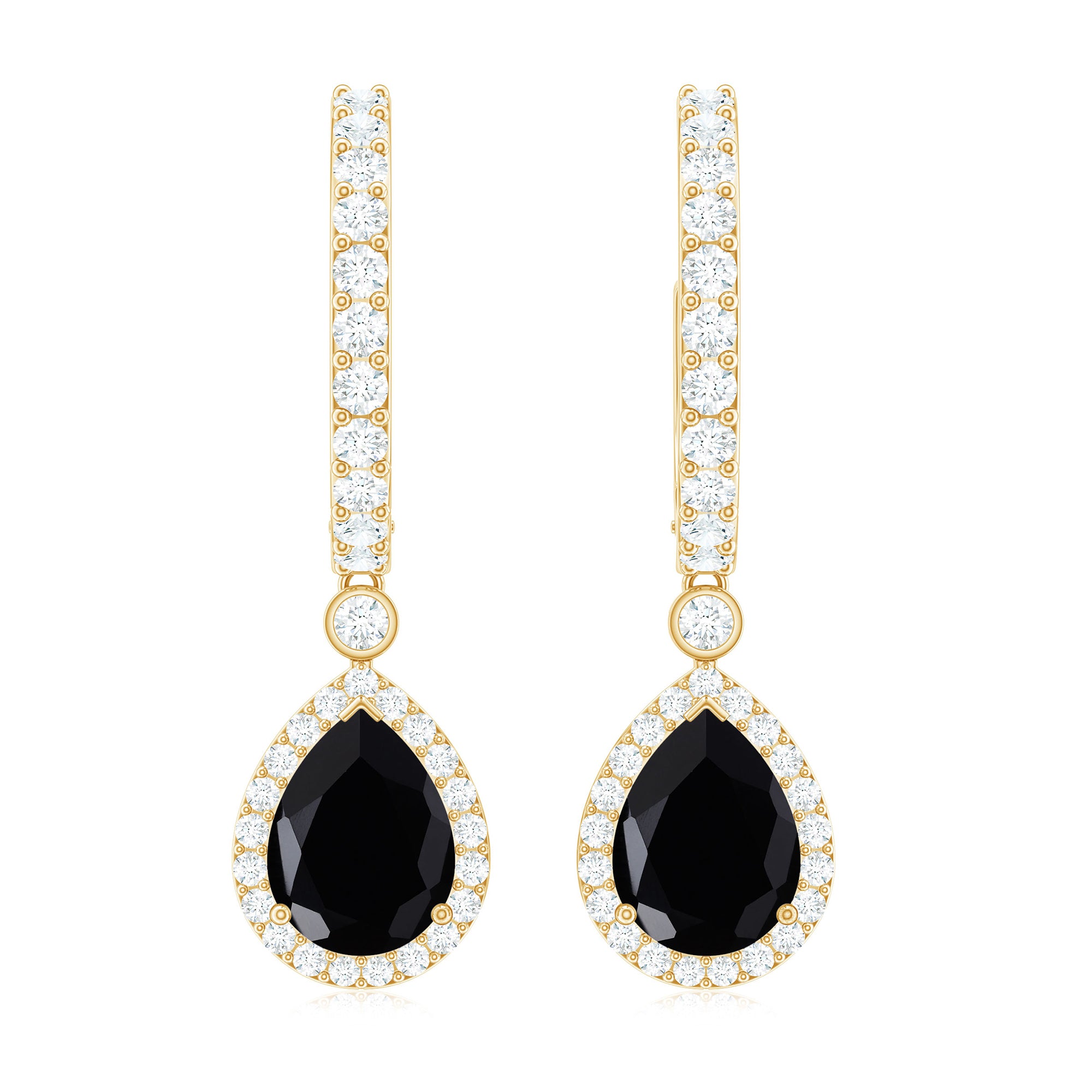 Pear Shape Black Onyx Hoop Drop Earrings with Moissanite Black Onyx - ( AAA ) - Quality - Rosec Jewels