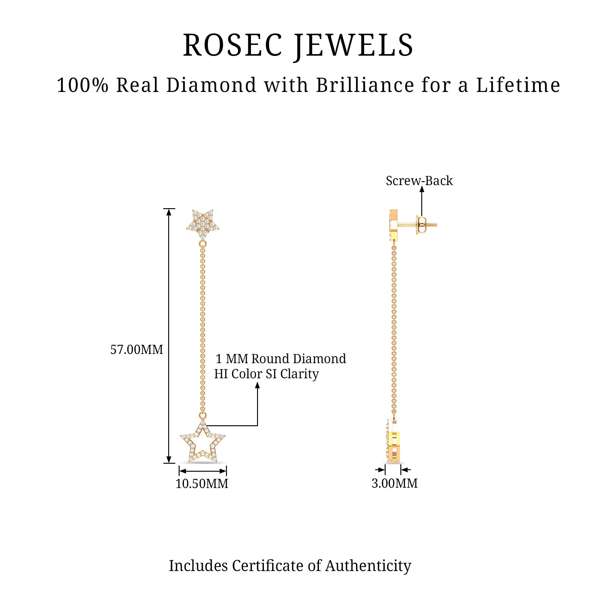 Diamond Star Chain Dangle Earrings Diamond - ( HI-SI ) - Color and Clarity - Rosec Jewels