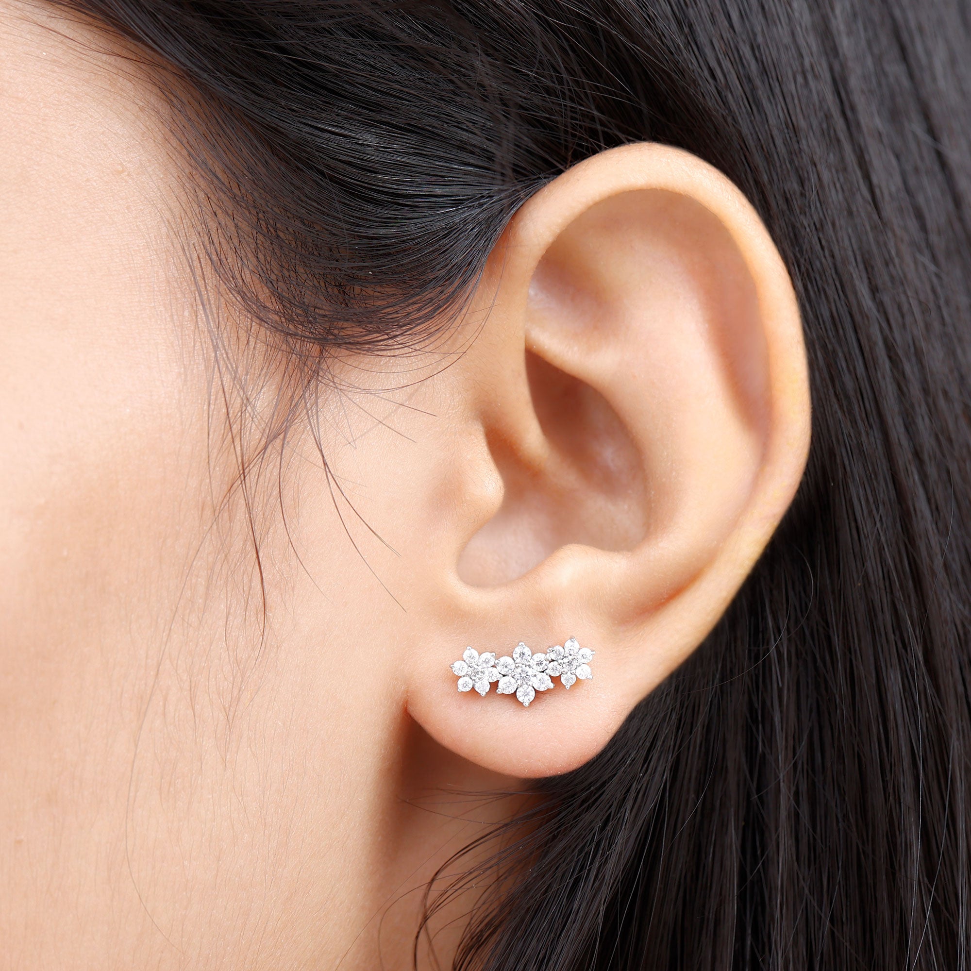 April Birthstone Diamond Floral Climber Earrings Diamond - ( HI-SI ) - Color and Clarity - Rosec Jewels