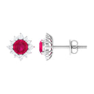 Classic Ruby Stud Earrings with Diamond Halo Ruby - ( AAA ) - Quality - Rosec Jewels