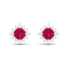 Classic Ruby Stud Earrings with Diamond Halo Ruby - ( AAA ) - Quality - Rosec Jewels