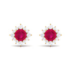 Classic Ruby Stud Earrings with Diamond Halo Ruby - ( AAA ) - Quality - Rosec Jewels