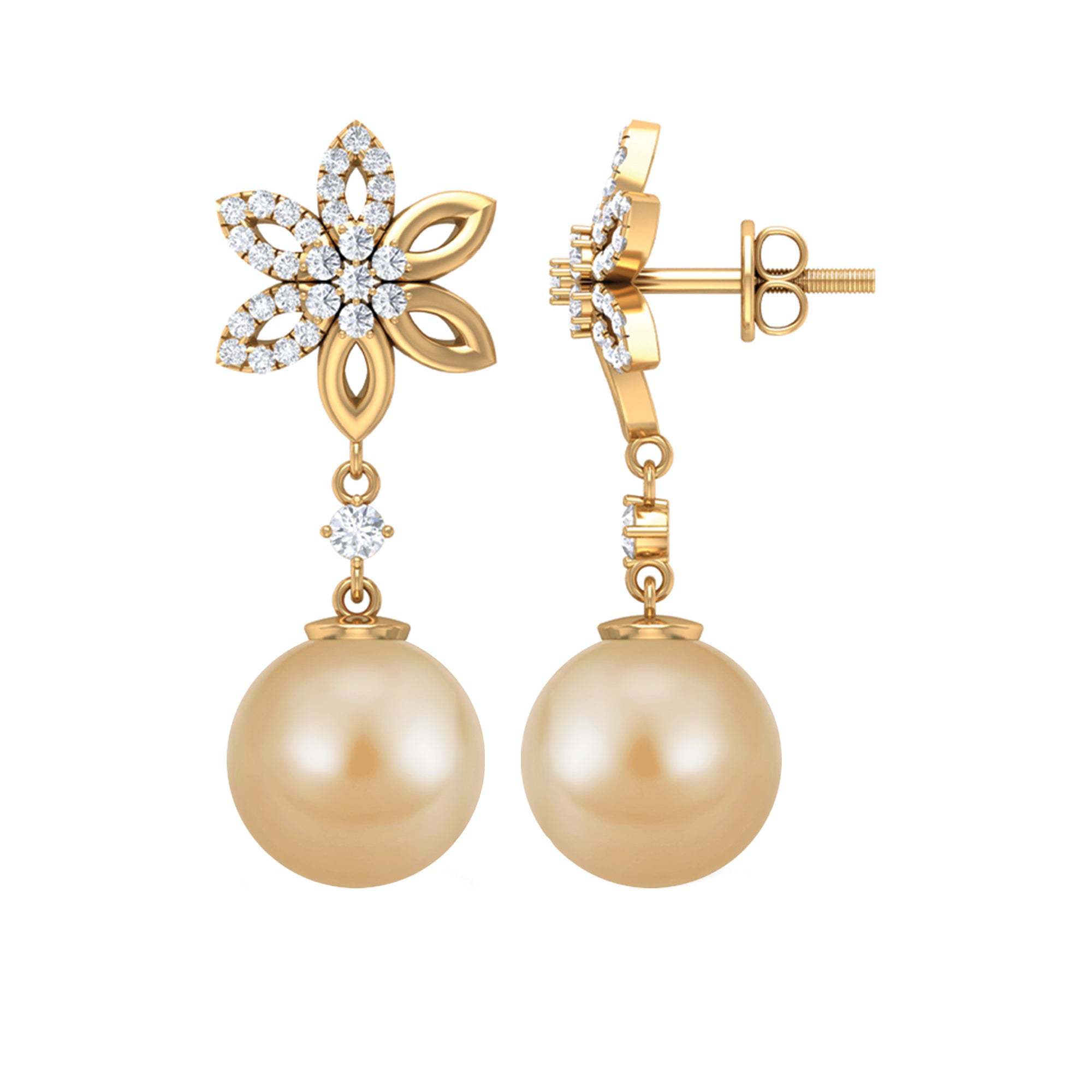 11.50 CT Diamond Floral Earrings with South Sea Pearl Drop South Sea Pearl - ( AAA ) - Quality - Rosec Jewels