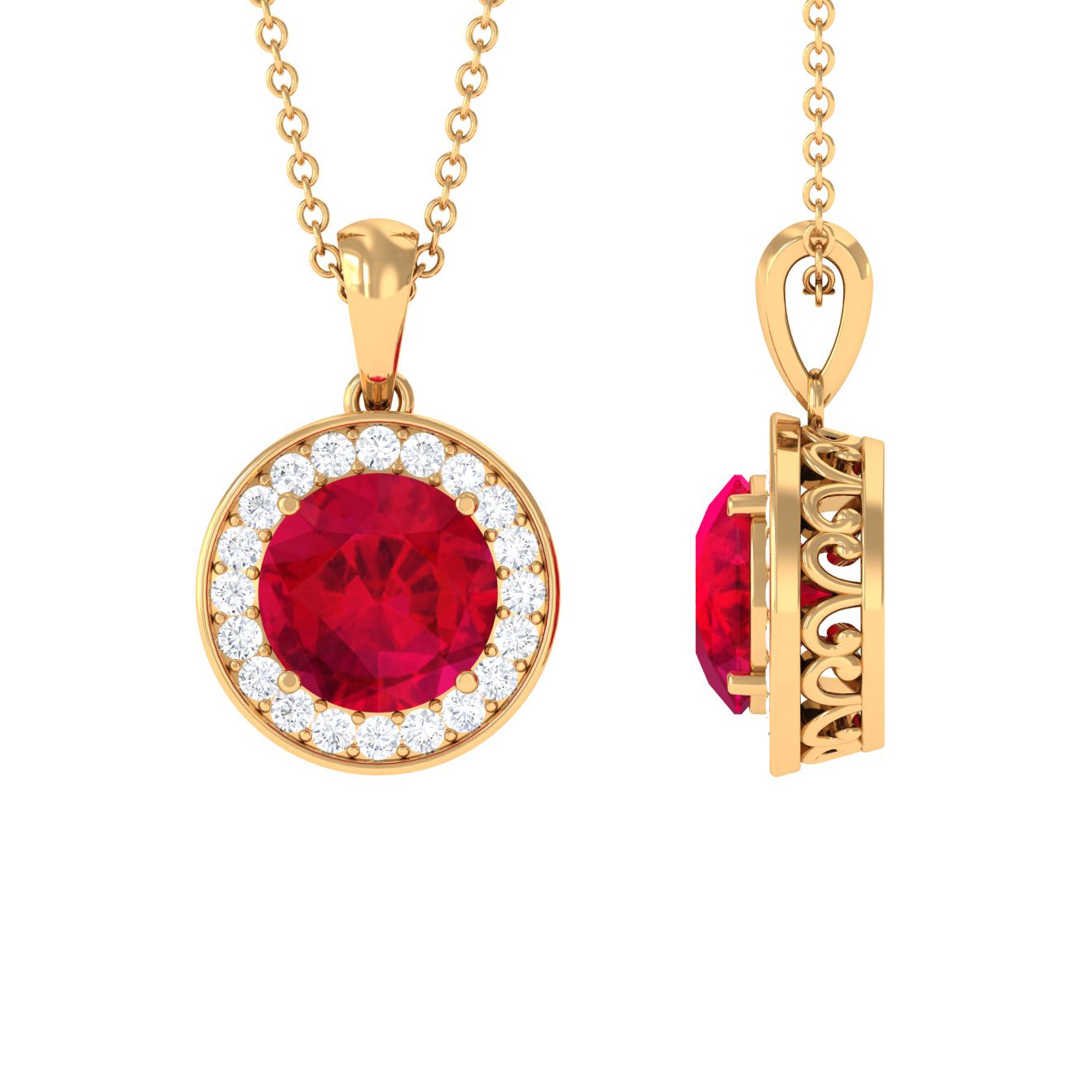 Rosec Jewels-Created Ruby and Moissanite Classic Halo Pendant