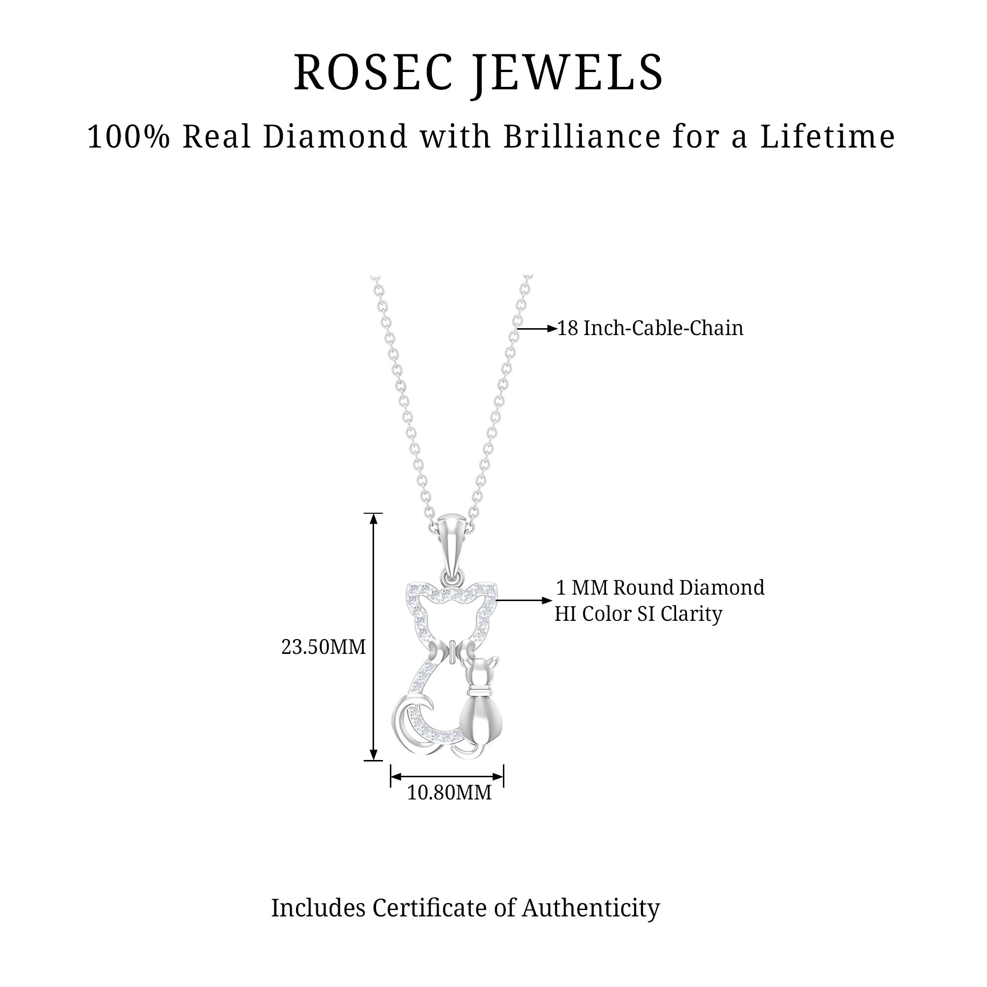 Certified Diamond Kitty Cat Pendant Necklace Diamond - ( HI-SI ) - Color and Clarity - Rosec Jewels