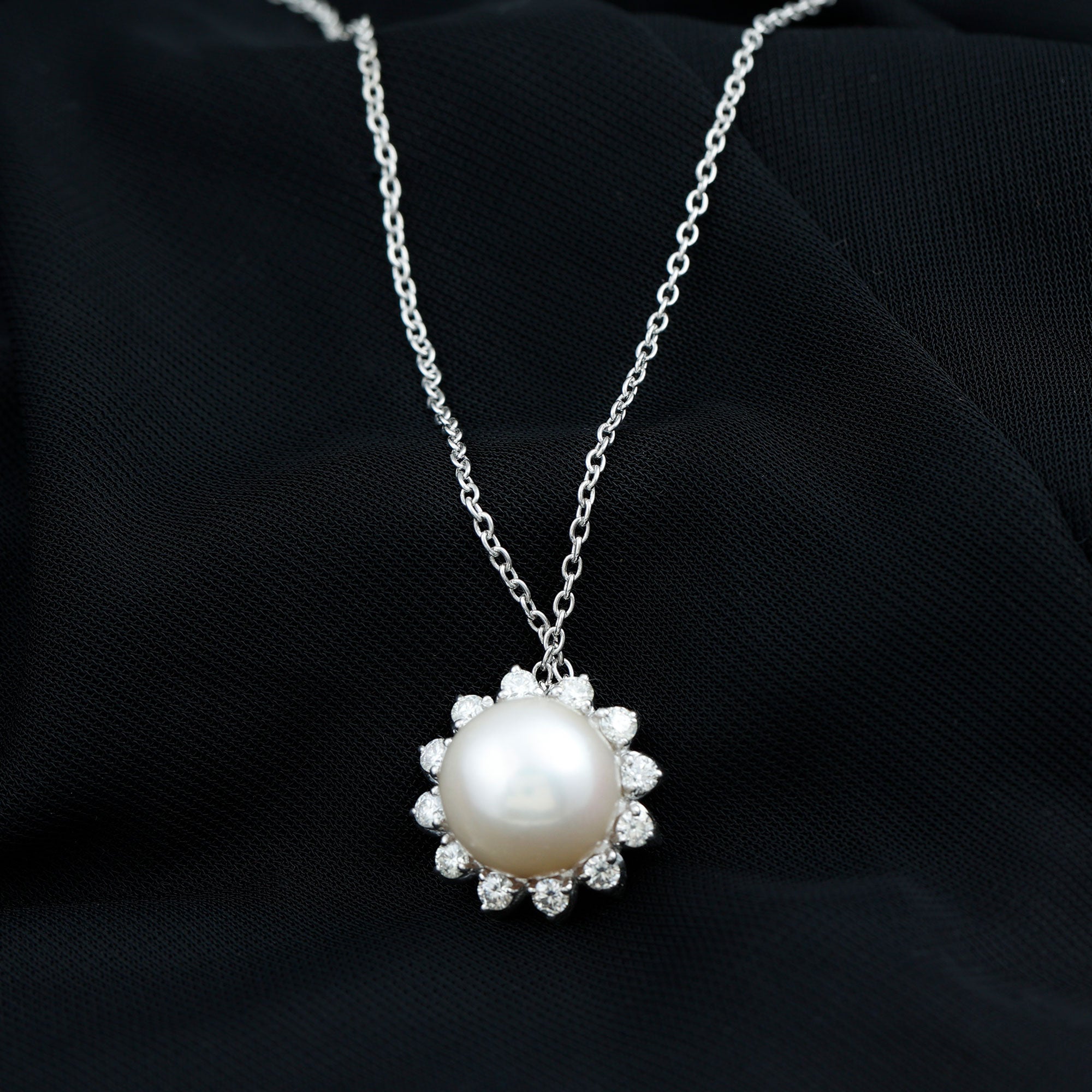 Freshwater Pearl and Moissanite Cocktail Flower Pendant Necklace - Rosec Jewels