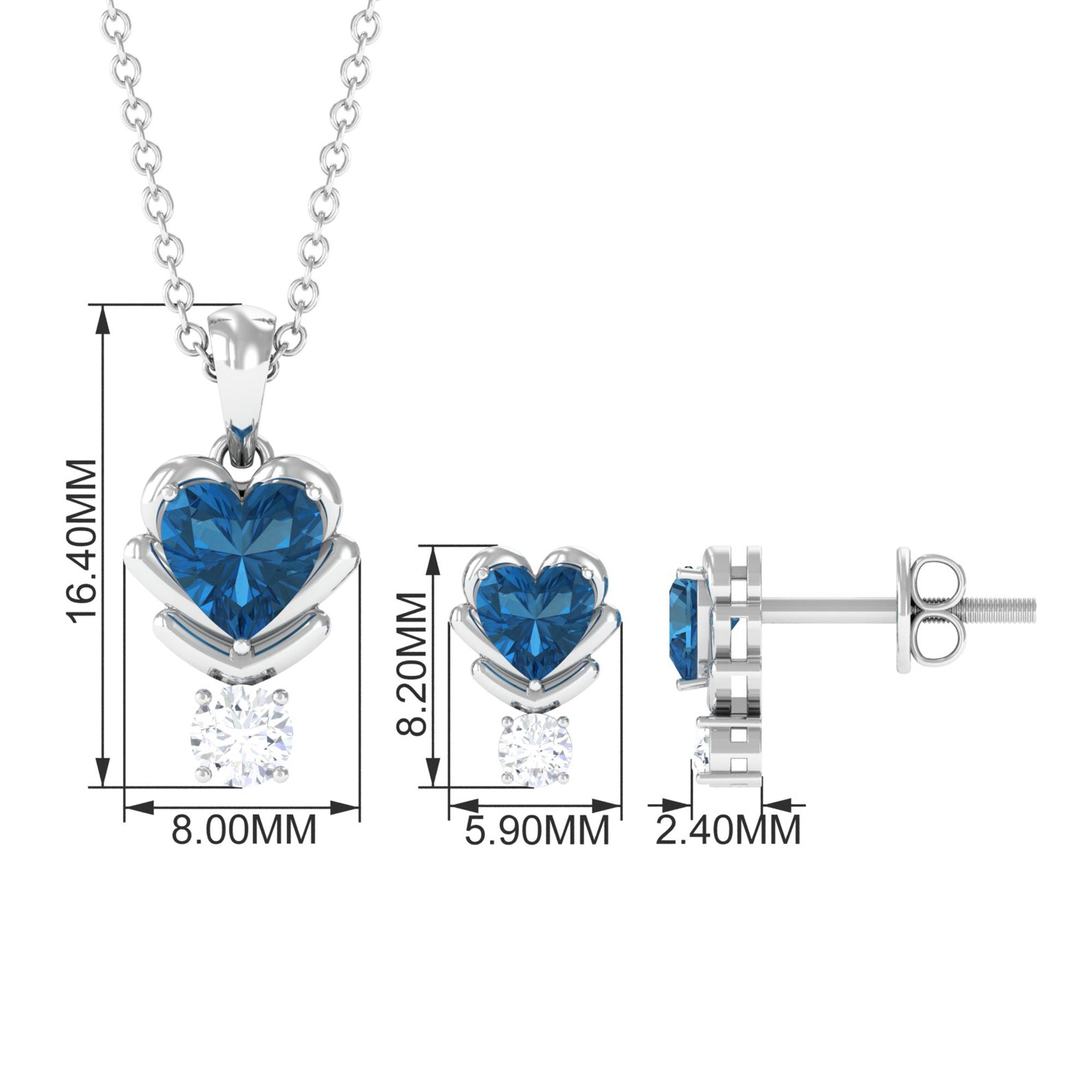 London Blue Topaz and Moissanite Minimal Heart Jewelry Set London Blue Topaz - ( AAA ) - Quality - Rosec Jewels