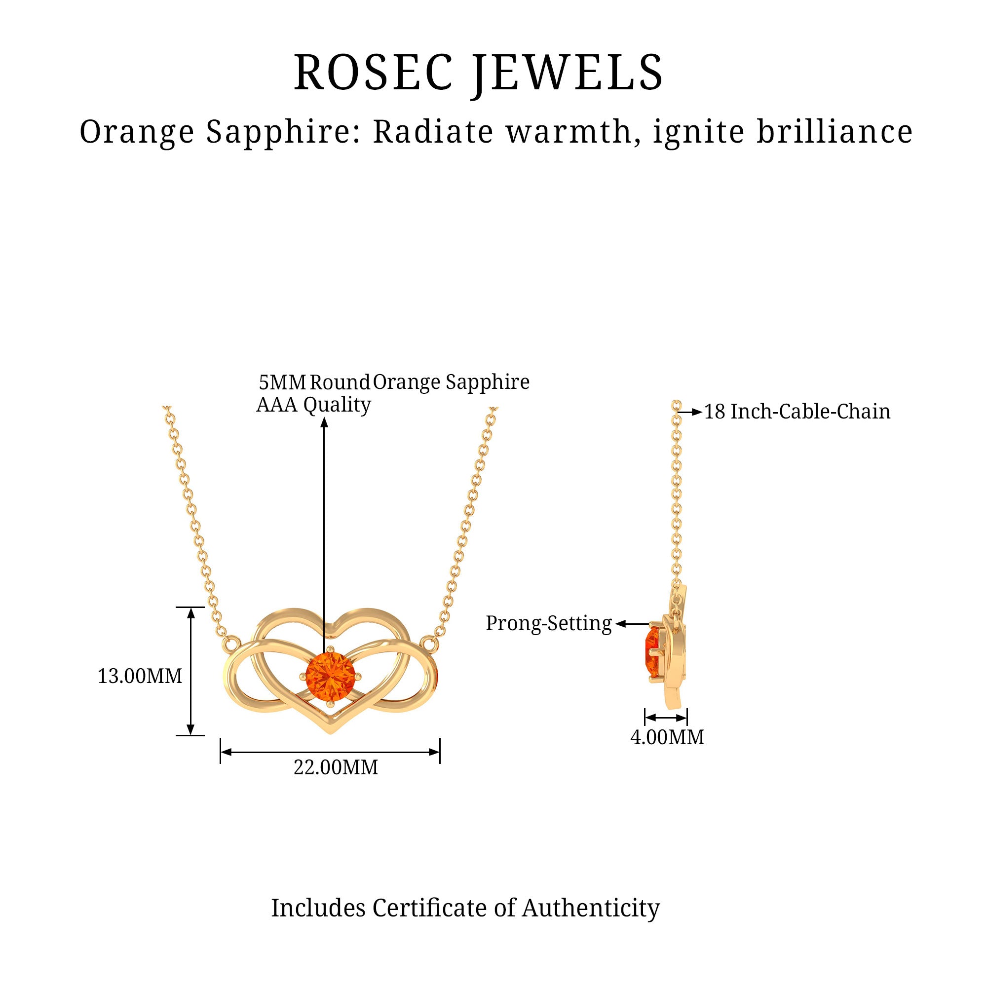 Solitaire Orange Sapphire Infinity Heart Necklace Orange Sapphire - ( AAA ) - Quality - Rosec Jewels