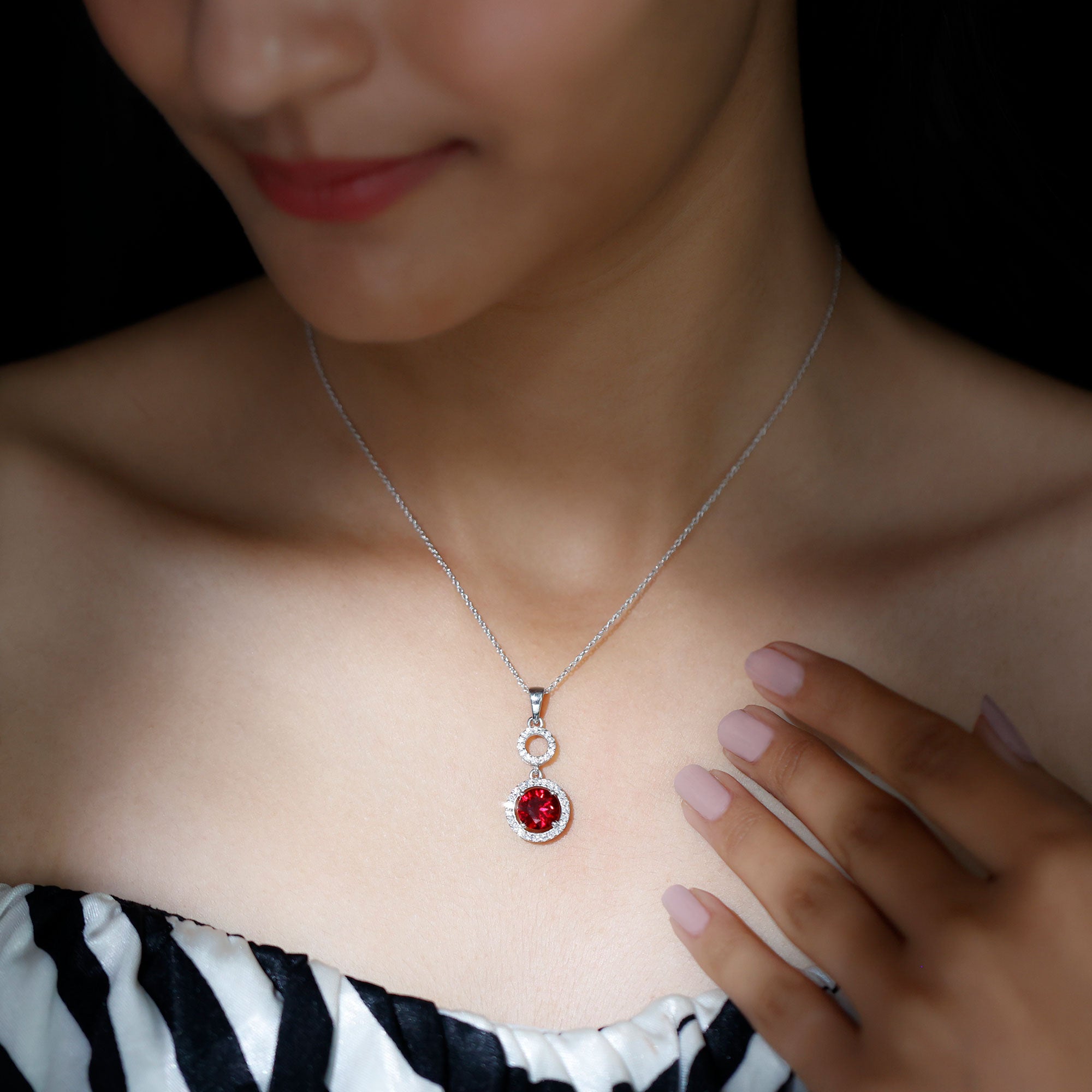 2.75 CT Created Ruby Silver Dangle Pendant Necklace with Moissanite Halo - Rosec Jewels